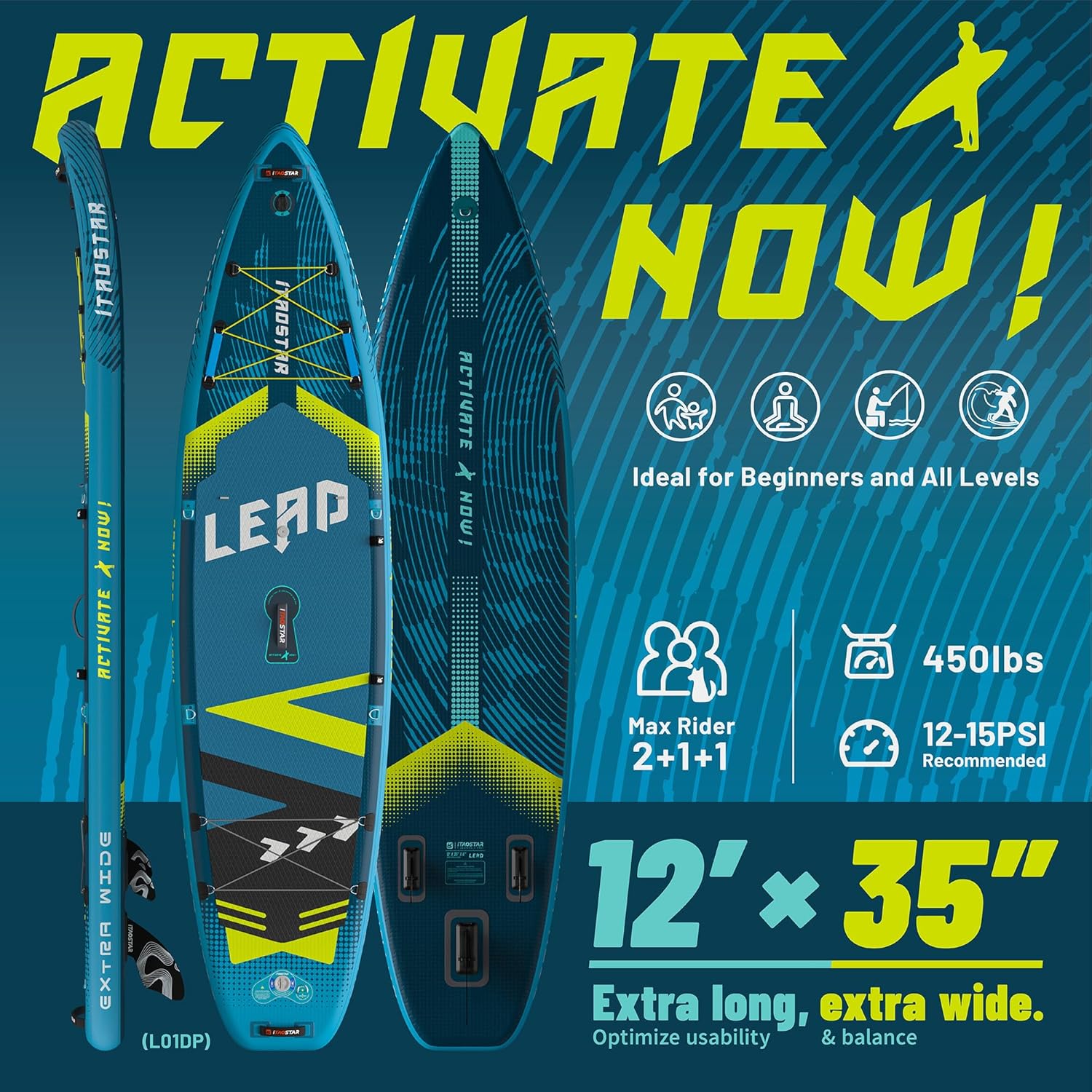 Lead 12'×35"/11'×33" Inflatable Stand Up Paddle Board - Premium SUP Board Kit with 5 Fins - Ultra Stable Wide Paddleboard for Adults & Youth - All Skill Levels - for Lakes, Oceans & Fishing - Image 2