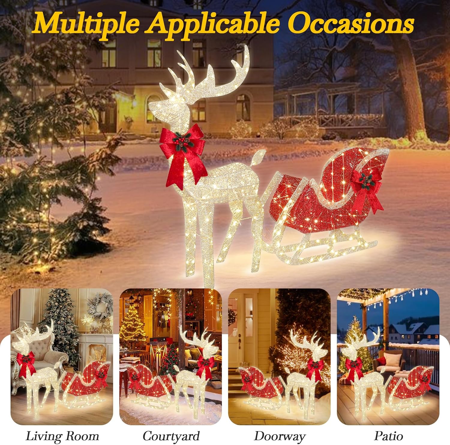 LAMPHOME Upgraded 300LED Large Lighted Reindeer and Sleigh Outdoor Christmas Decorations, Holiday Ornaments Yard Decor for Home, Lawn and Front Yard. Gold and Red Glitter, 2-Piece Set