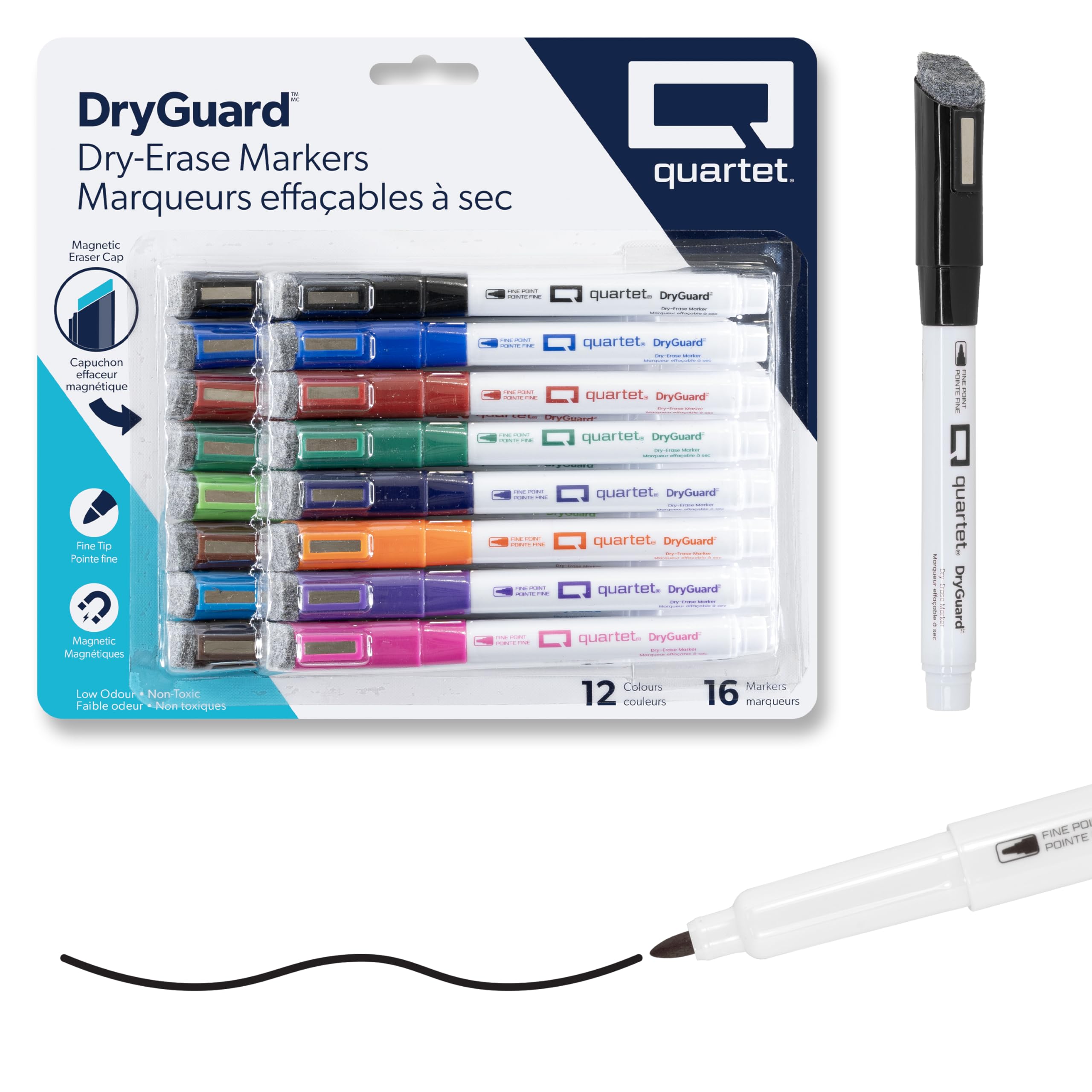 Quartet DryGuard Dry-Erase Markers, Whiteboard Markers, Fine Tip, Low Odour, Magnetic Cap with Built-in Eraser, Assorted Colours, 16 Count (Q12016PN01-R)
