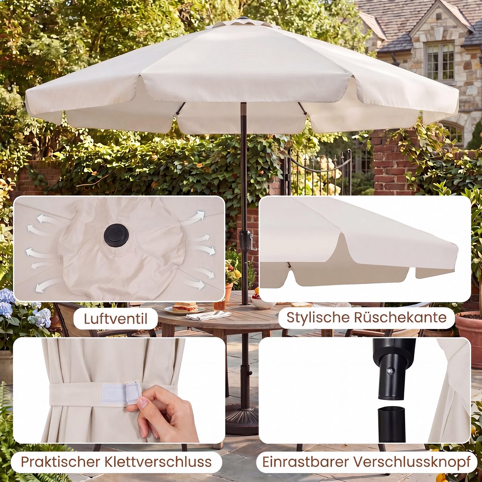 COSTWAY Sonnenschirm 300 cm, Gartenschirm mit Volant & Kurbel, beidseitig um 30° knickbar, Balkonschirm mit 8 Glasfaser-Rippen, Terrassenschirm, Marktschirm für Garten, Balkon, Terrasse (Beige)