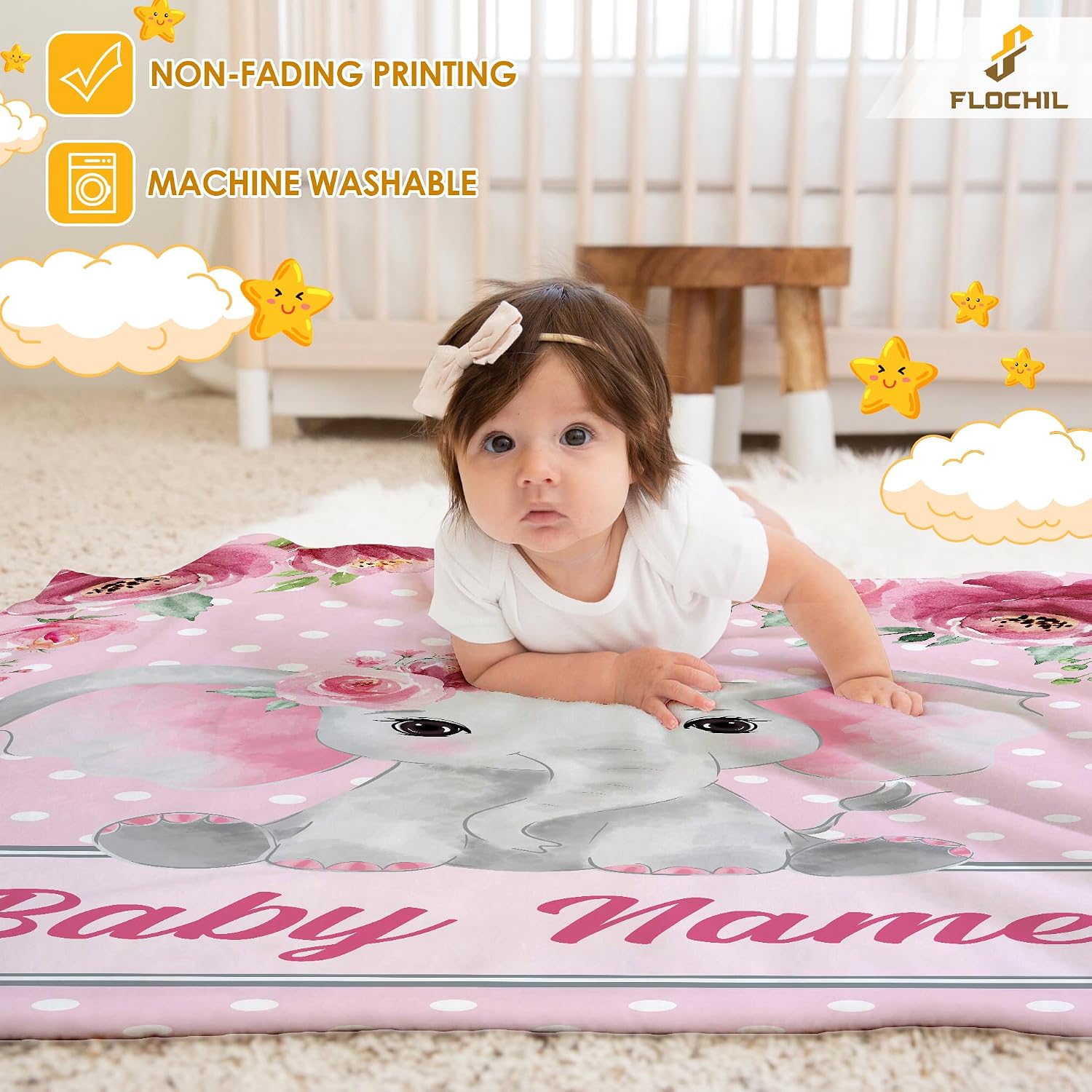 FLOCHIL Personalized Baby Blanket for Boys, Custom Baby Blanket with Name, Customized Elephant Baby Blanket, Gift for Baby Shower, Toddler, Babies, Newborn