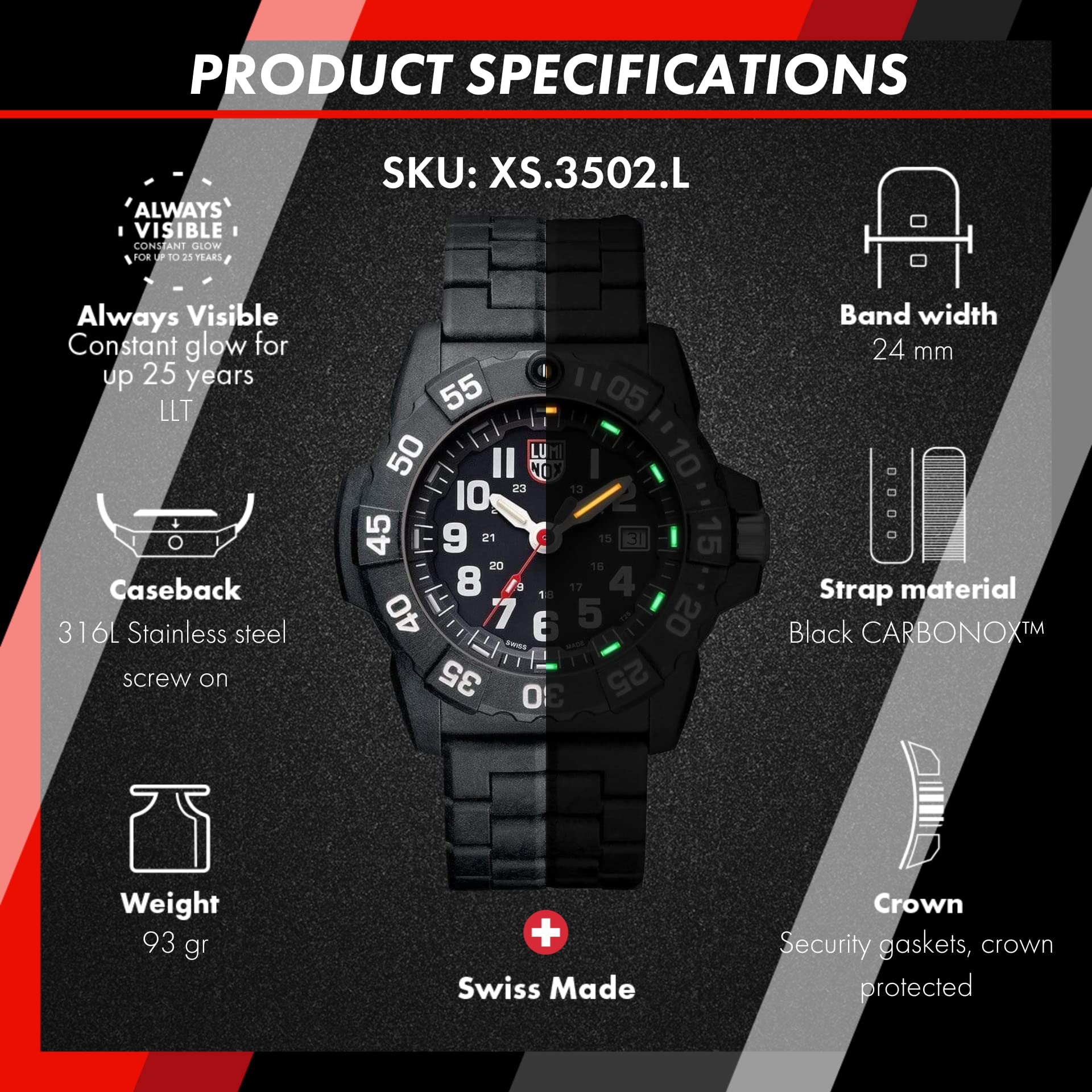 Luminox Navy Seal XS.3502.L męski zegarek 45 mm - wojskowy zegarek nurkowy w kolorze czarnym z funkcją daty 200 m wodoodporny, Czarny, Bransoletka
