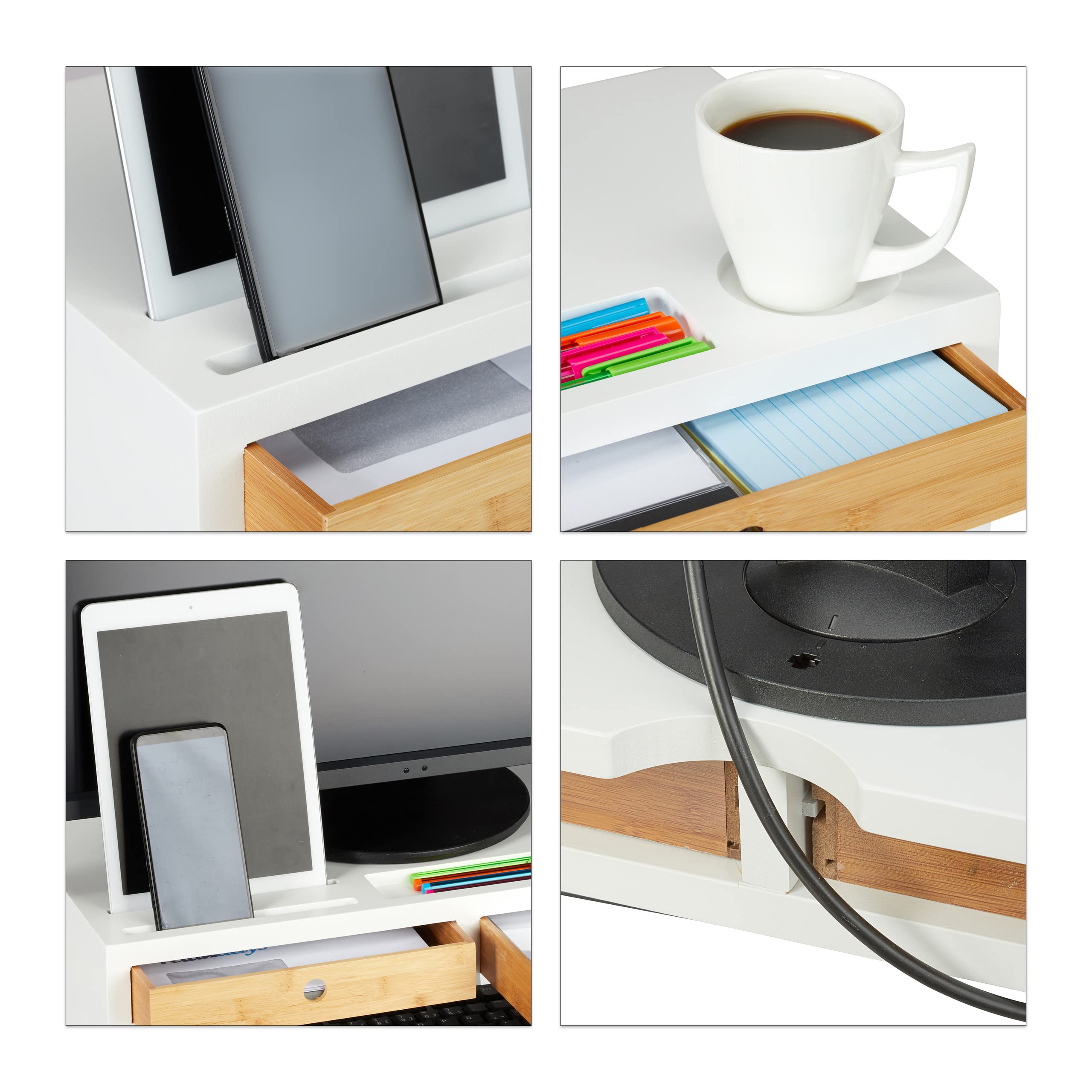 Relaxdays Supporto per Monitor, 2 Cassetti, Rialzo per PC, in bambù & MDF, HLP 11,5 x 47 x 18 cm, Bianco/Legno Naturale