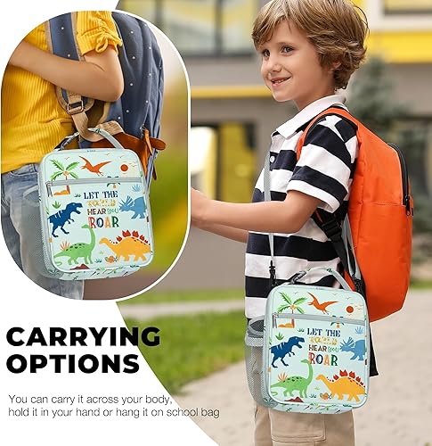 Miniatura 2 de Clastyle Bolsa de almuerzo aislada de dinosaurio verde para niños, bolsa de almuerzo térmica grande portátil para niños y niñas, bolsa de almuerzo