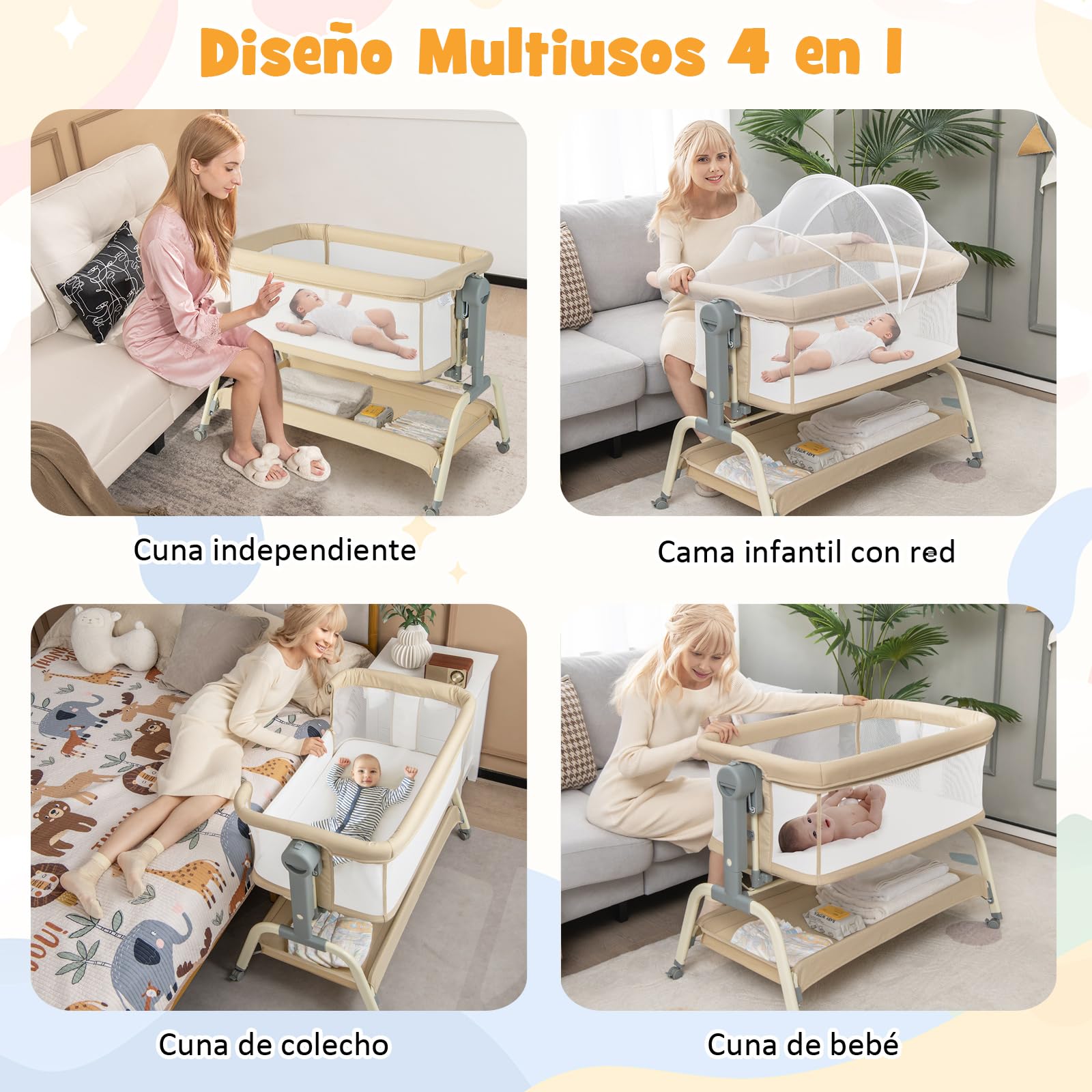 COSTWAY Cuna de Viaje para Bebé con Red, Cuna Colecho con 6 Alturas Ajustables, Colchón, Malla de 4 Lados, Cesta de Almacenamiento y Ruedas con Bloqueo, Cuna de Viaje Portátil con Bolsa (Beige)