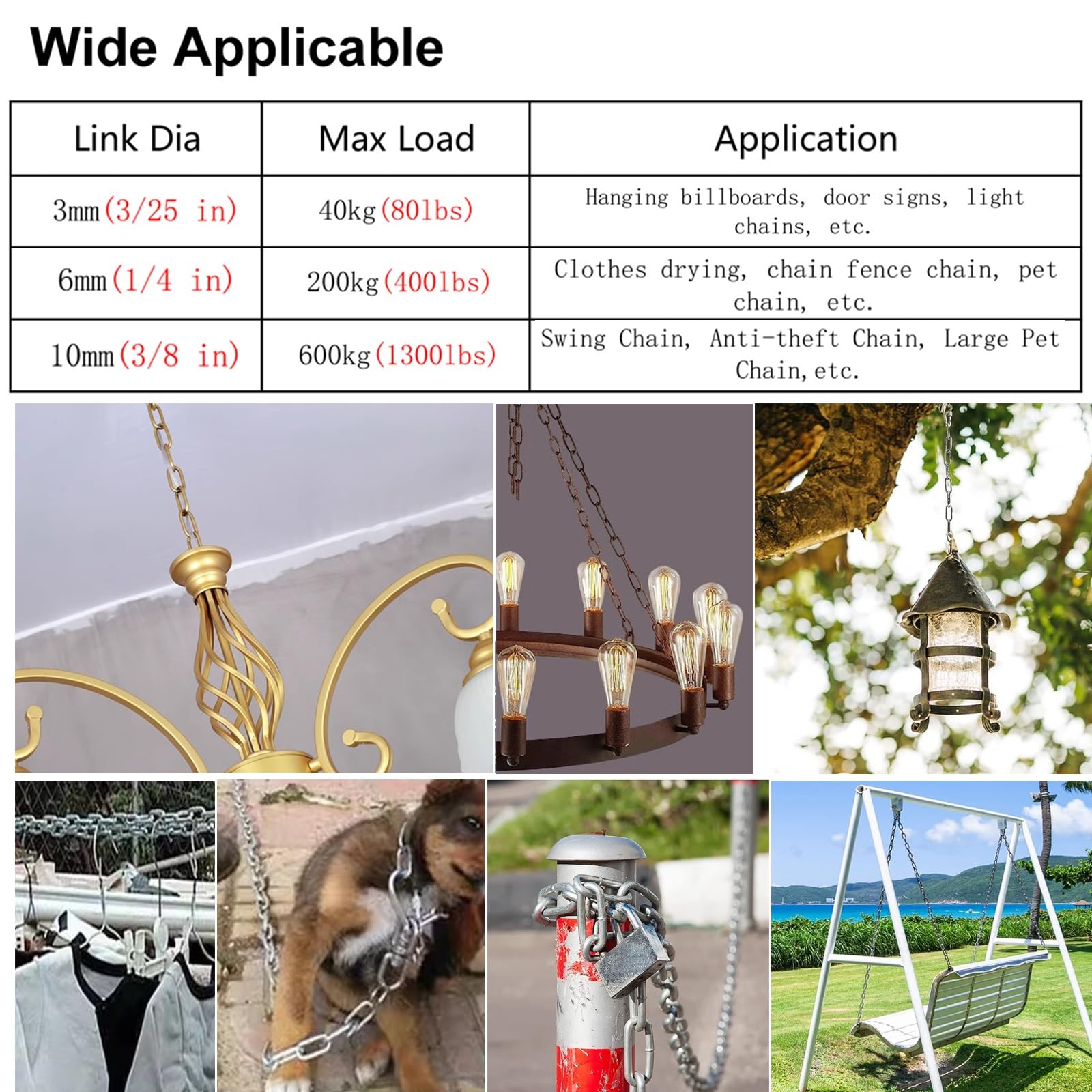 Cadena de acero inoxidable para colgar con 2 ng Hoo Utili Safe Chain para control de multitudes, albercas y sitios de construcción (m Link Dia 1 m 3 pies)