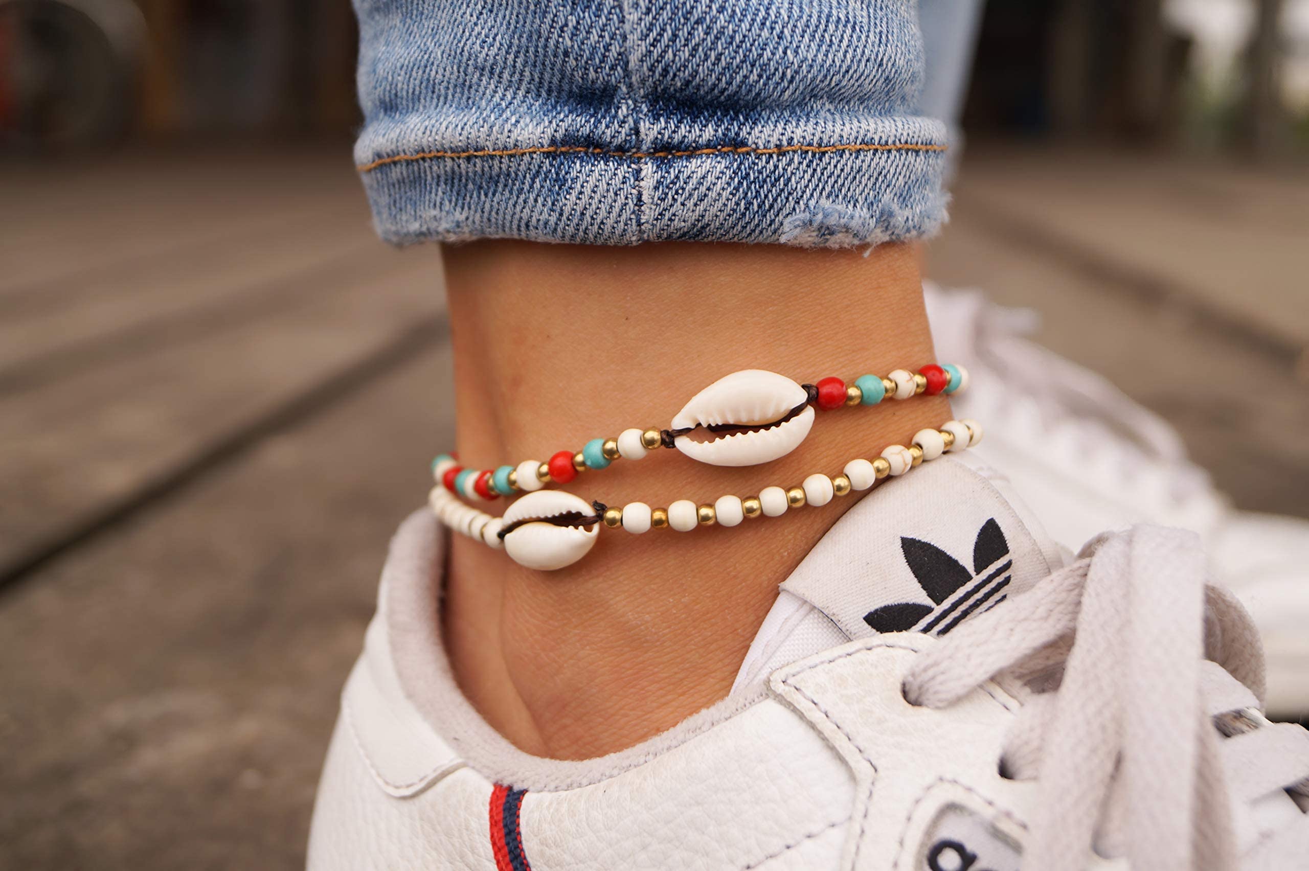 Made by Nami - Pulsera de tobillo para mujer y niña, diseño de surfista con perlas para fiesta y playa hecha a mano - Goa Hippie - Tobillera multicolor oriental