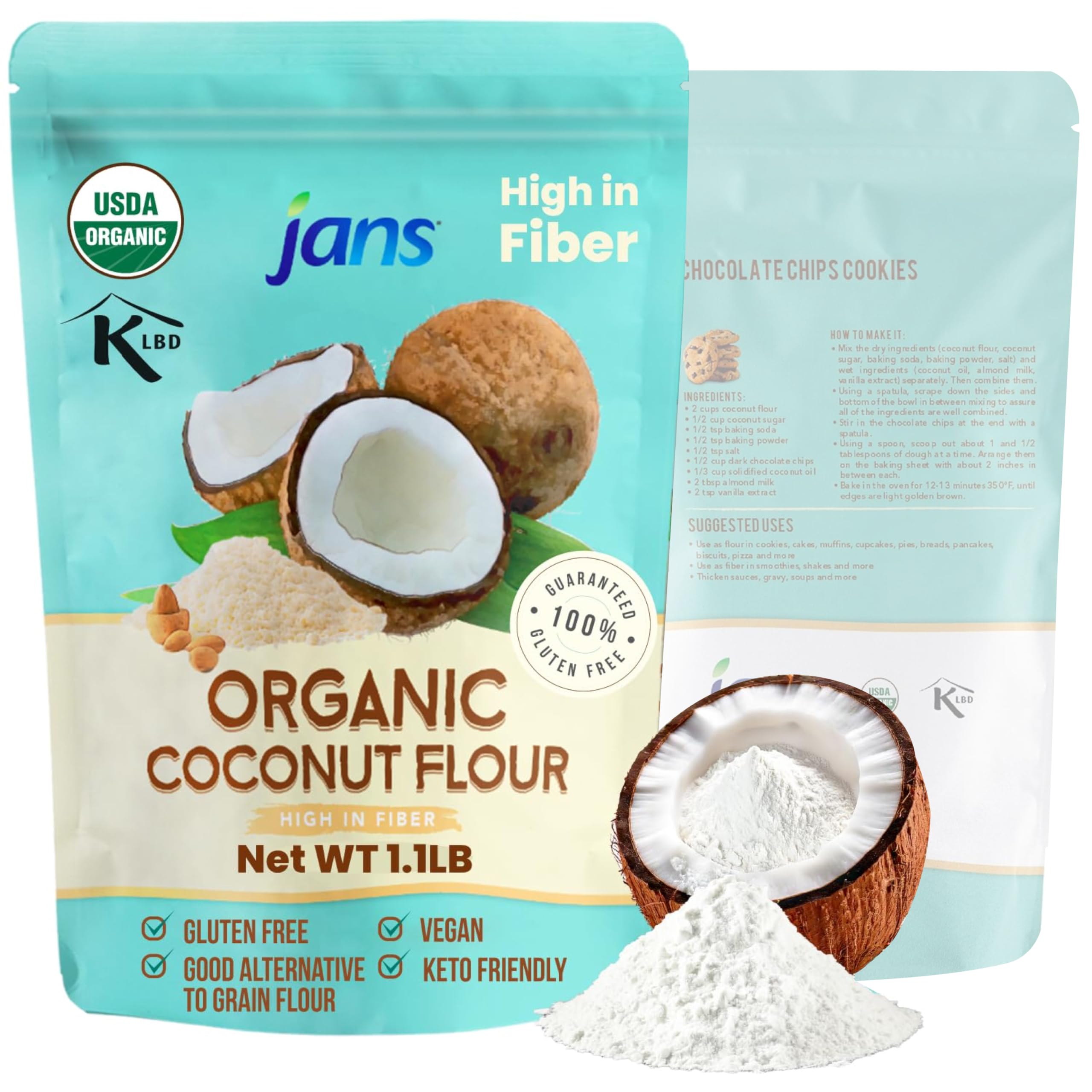 JansJans Organic Coconut Flour 1.1lb | Gluten-Free | Certified Organic | Keto, Paleo, & Vegan Friendly | Flour Substitute for Low Carb | High Fiber | Unbleached & Unrefined (1 Pack)