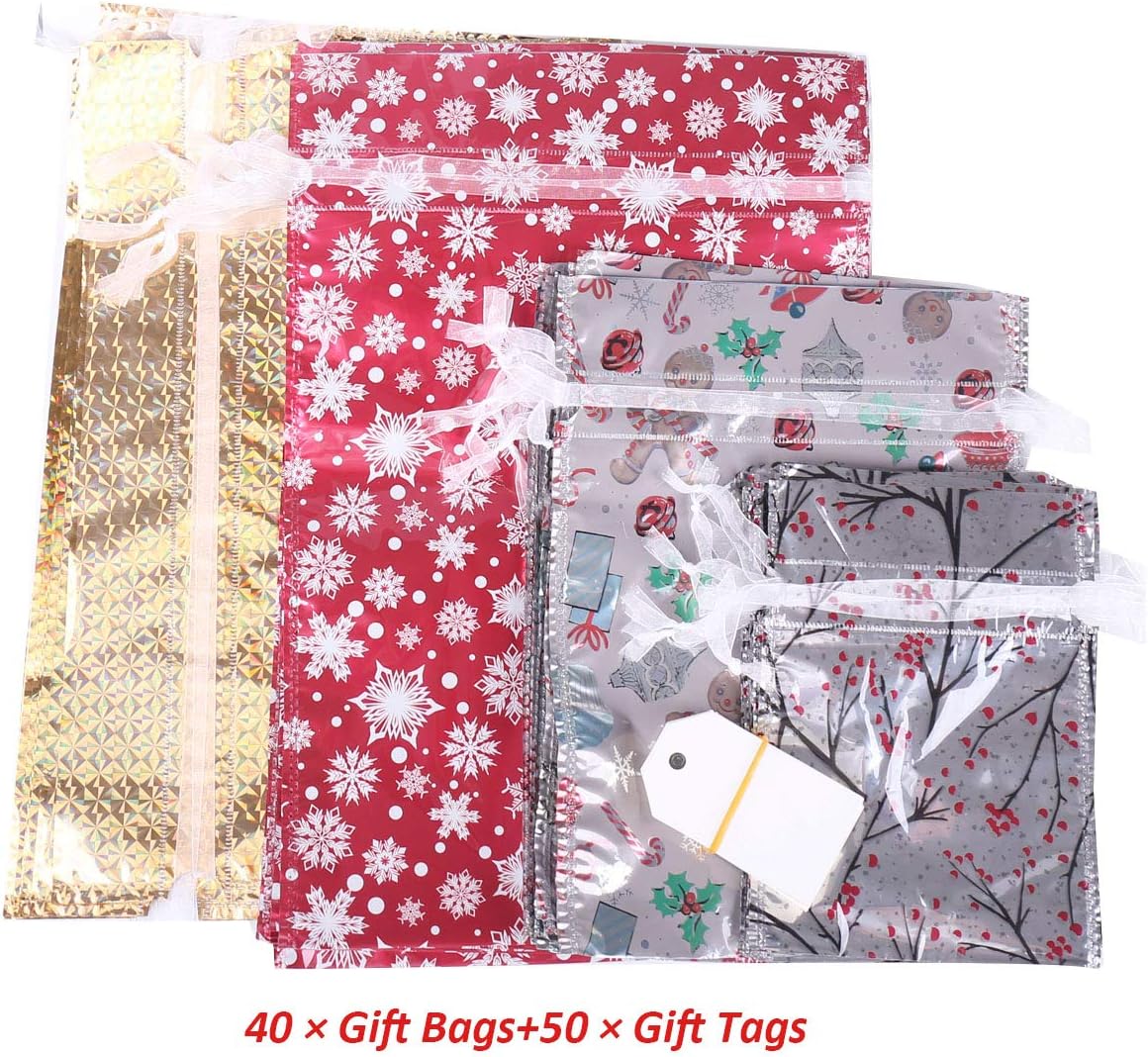 WesGen Christmas Gift Bags,40Pcs Santa Wrapping Bag in 4 Sizes and 100 Pack Brown Kraft Paper Christmas Gift Tags