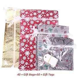 WesGen Christmas Gift Bags,40Pcs Santa Wrapping Bag in 4 Sizes and 4 Designs with Inserted Drawstring Ribbons and Tags for Wrapping Holiday