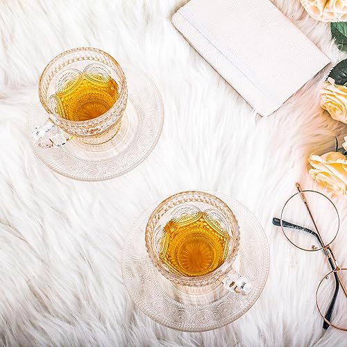 Miniatura 8 de Juego de 6 tazas de té y platillos de cristal, tazas de café vintage, juego de tazas de té para café expreso, capuchino, café con leche, apto para