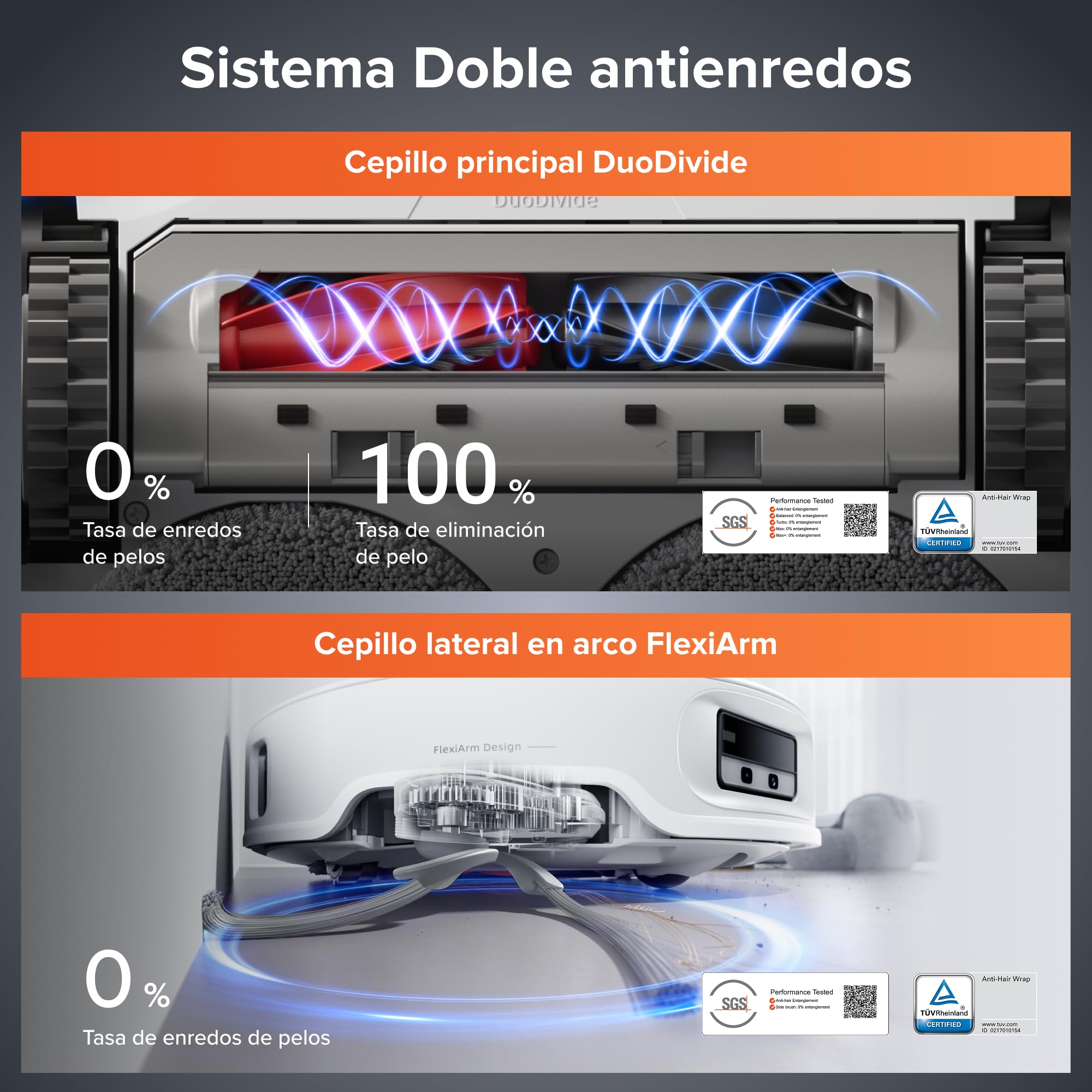 roborock Qrevo EdgeT Robot Aspirador Succión 18500 Pa, con FlexiArm | Sistema Doble Desenredos, 7,98 cm Ultrafino, Base Multifuncional 3.0 Lavar Mopa con Agua Caliente, Controlado por App y Voz