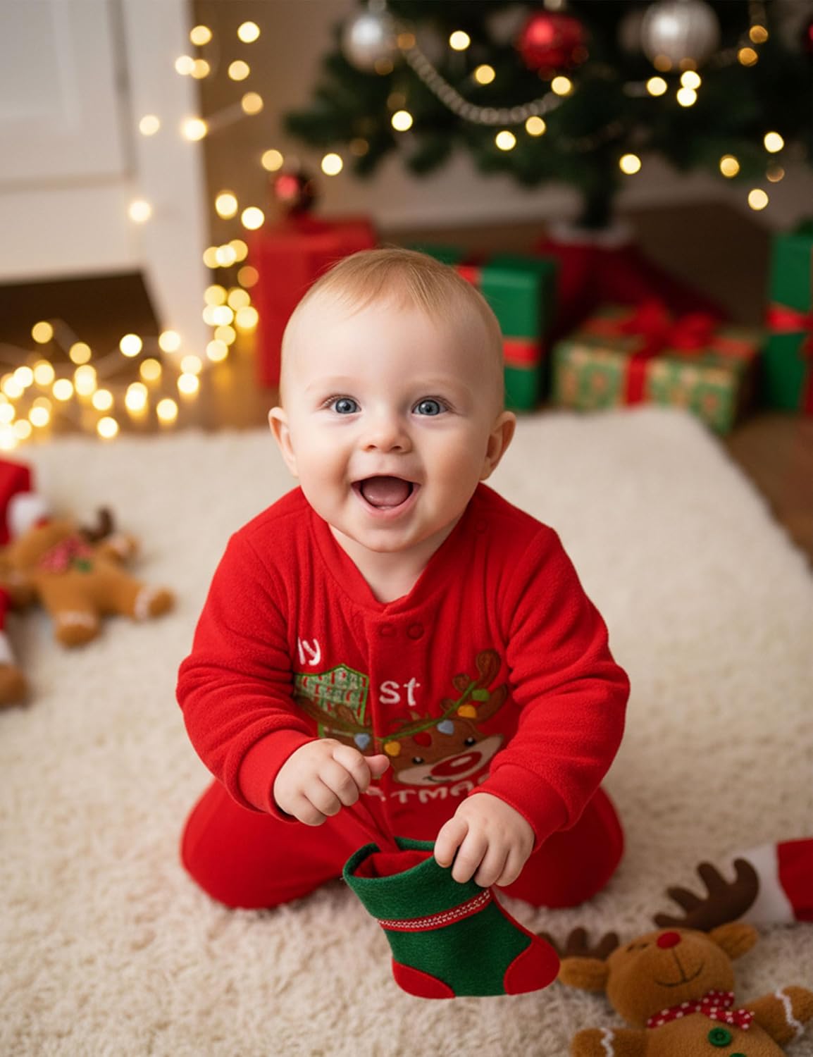 Von kilizo Baby Christmas Outfit My First Christmas Baby Girl Boy Outfit Footed Romper Santa Hat 2Pcs - Image 3