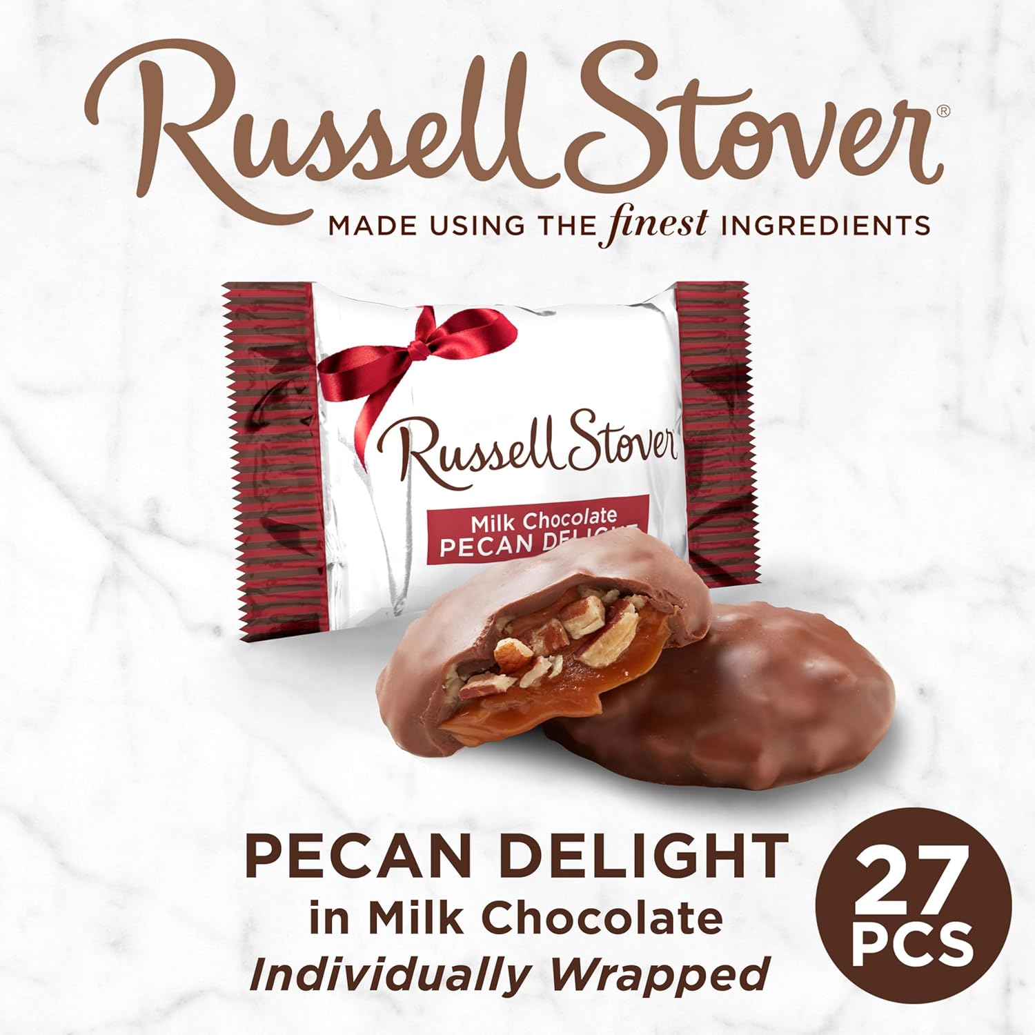 Russell Stover Pecan Delight Gusset Bag 16.10 Ounce Russel Stover Milk Chocolate Covered Candy Pack, Crunchy Pecans and Buttery Caramel Covered In Sweet Milk Chocolate Candy, Individually Wrapped (Pack of 2)
