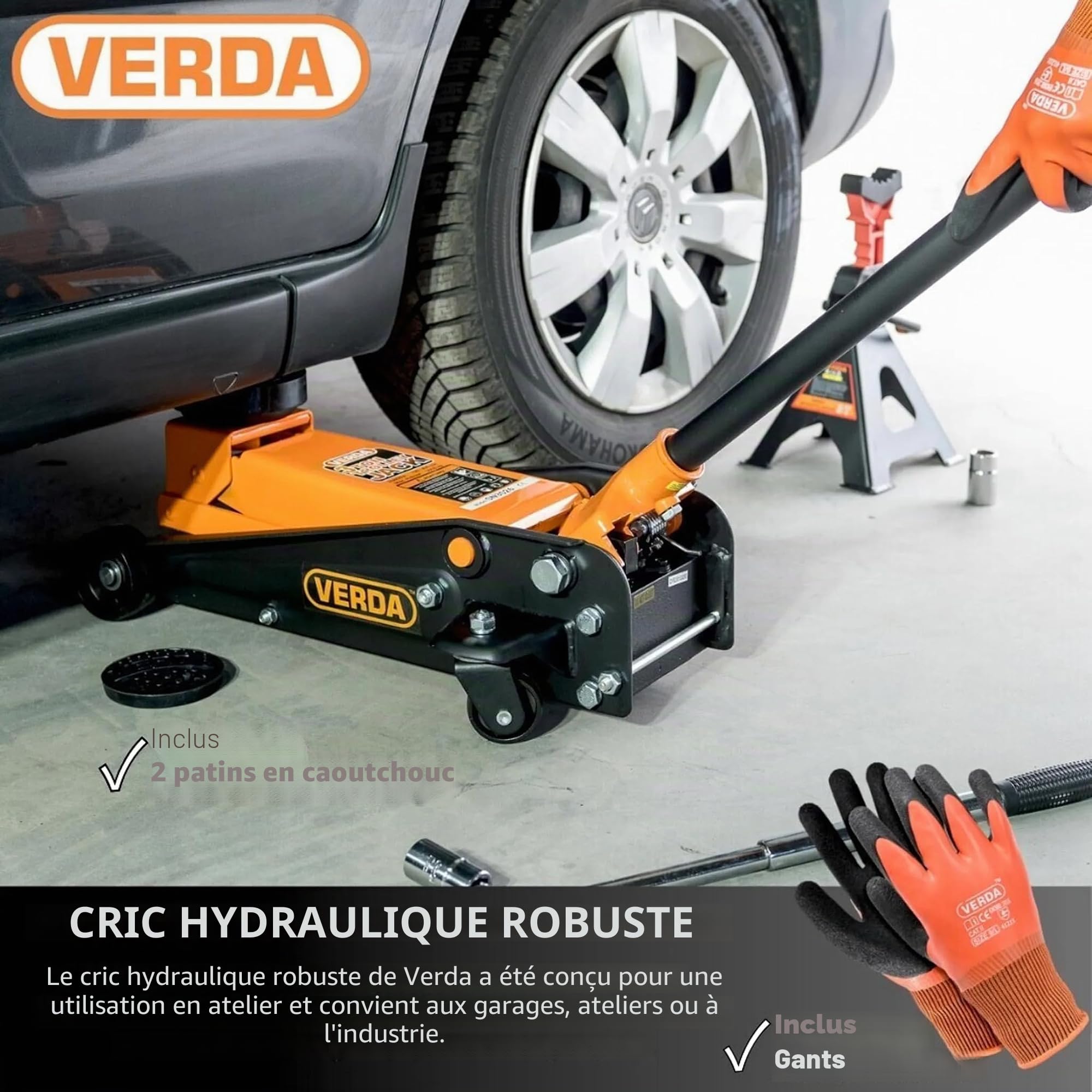 Cric hydraulique 3T 130-490 mm + 2 Gants de Montage en Caoutchouc + Gants de Montage Cric de manœuvre Support de modèle au Choix pour Camping-Car, Voiture, cric de Voiture Professionnel (cric 3T)