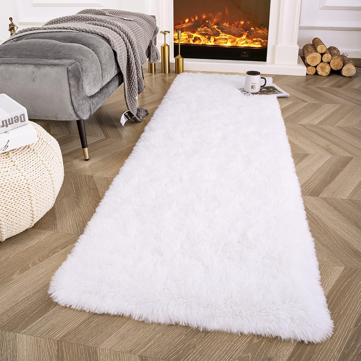 Ompaa Fluffy Runner Rugs, 2x6 Feet White, Super Soft Shaggy