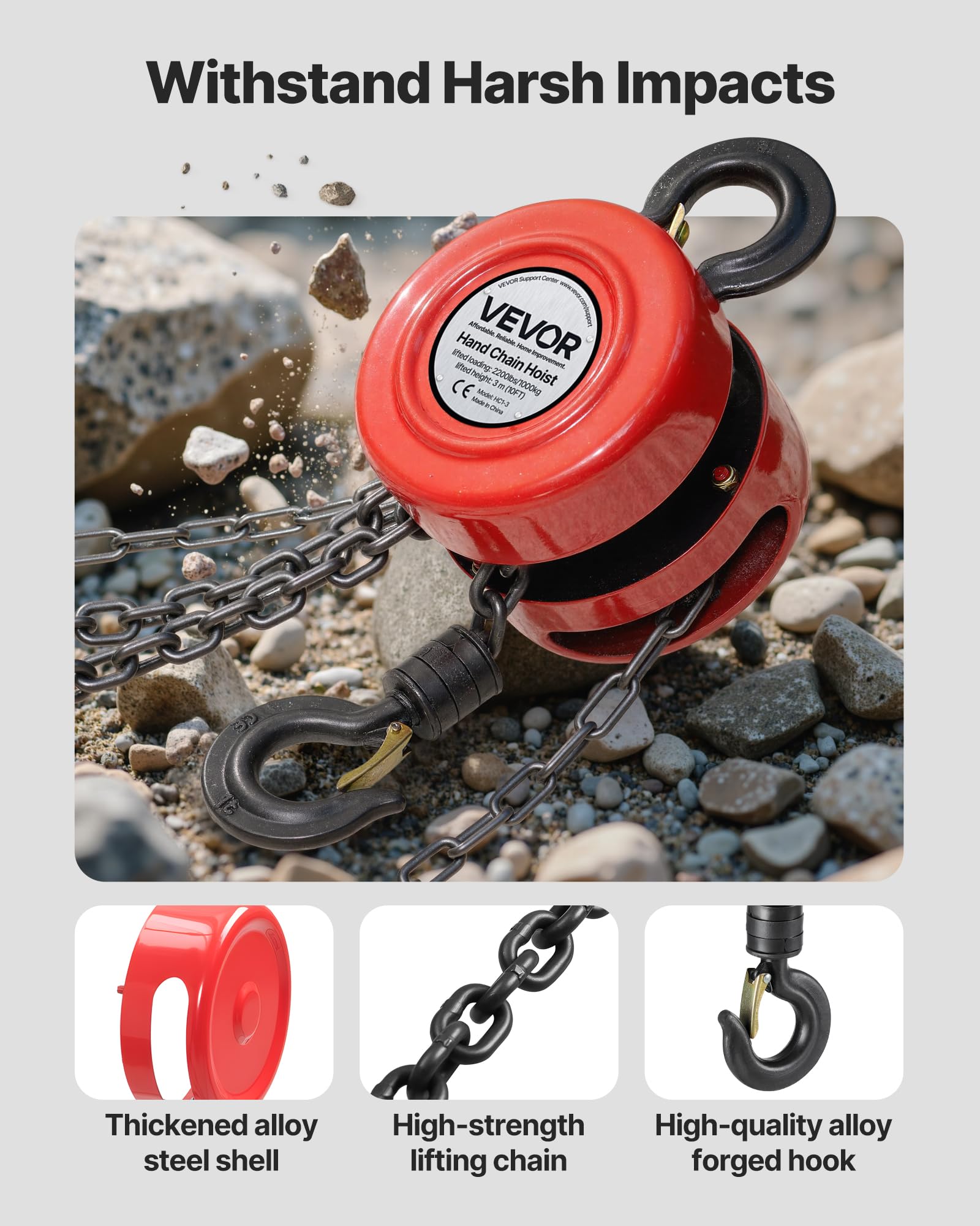 VEVOR Polipasto de Cadena Manual, Polipasto de Polea Redondo con Cadena Galvanizada G70 Mejorada, Altura de Elevación de 3 m Carga de 1 T para Garaje, Almacén y Maquinaria Automotriz, Rojo