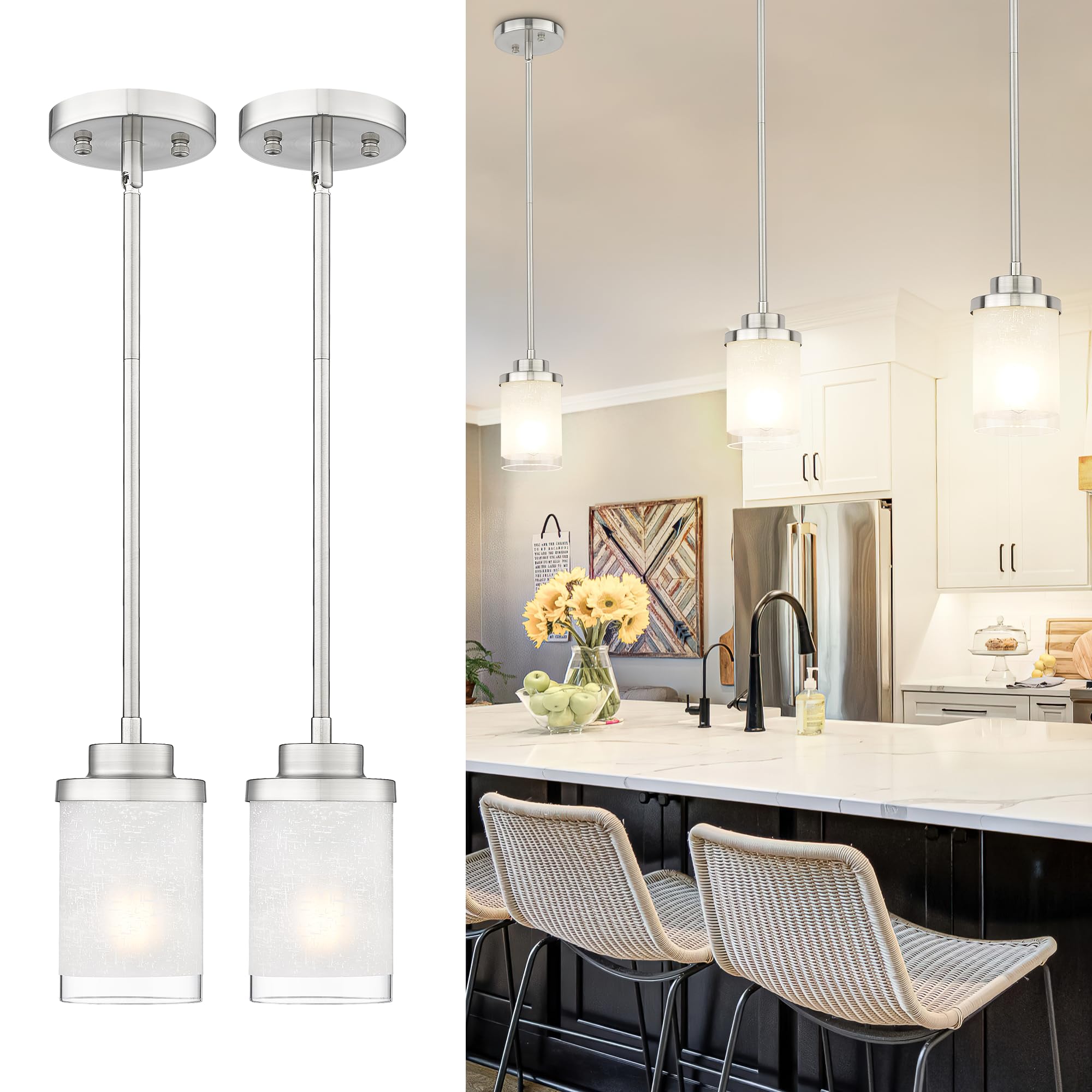 TENGXIN Modern Pendant Light for Kitchen Island, Brushed Nickel Hanging Ceiling Light Fixture,Farmhouse Pendant Lighting for Dining Room Bedroom Bar