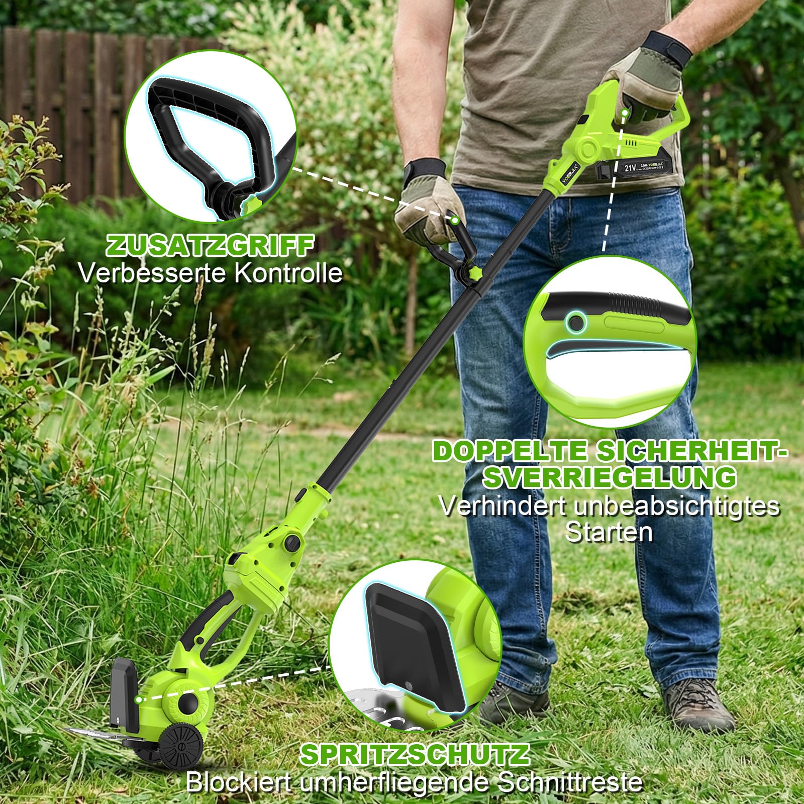 VOERJIA 4-in-1 Akku Grasschere & Strauchschere mit 115cm Verlängerungsstange (165cm Reichweite), 21V Gartenschere mit Rollen, 650W, 180° verstellbar, 2 Akkus – für Rasenkanten, Hecken & Formschnitt