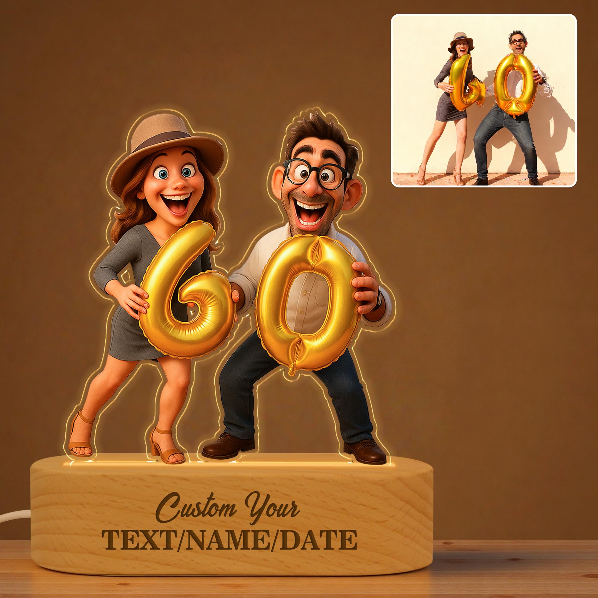 PSUNEY Personalized Photo Cartoon Portrait Desk Decor, Custom Acrylic Plaque with Night Light, Unique Birthday Gift for Xmas Anniversary Birthday Family Couple Friend Girlfriend Boyfriend