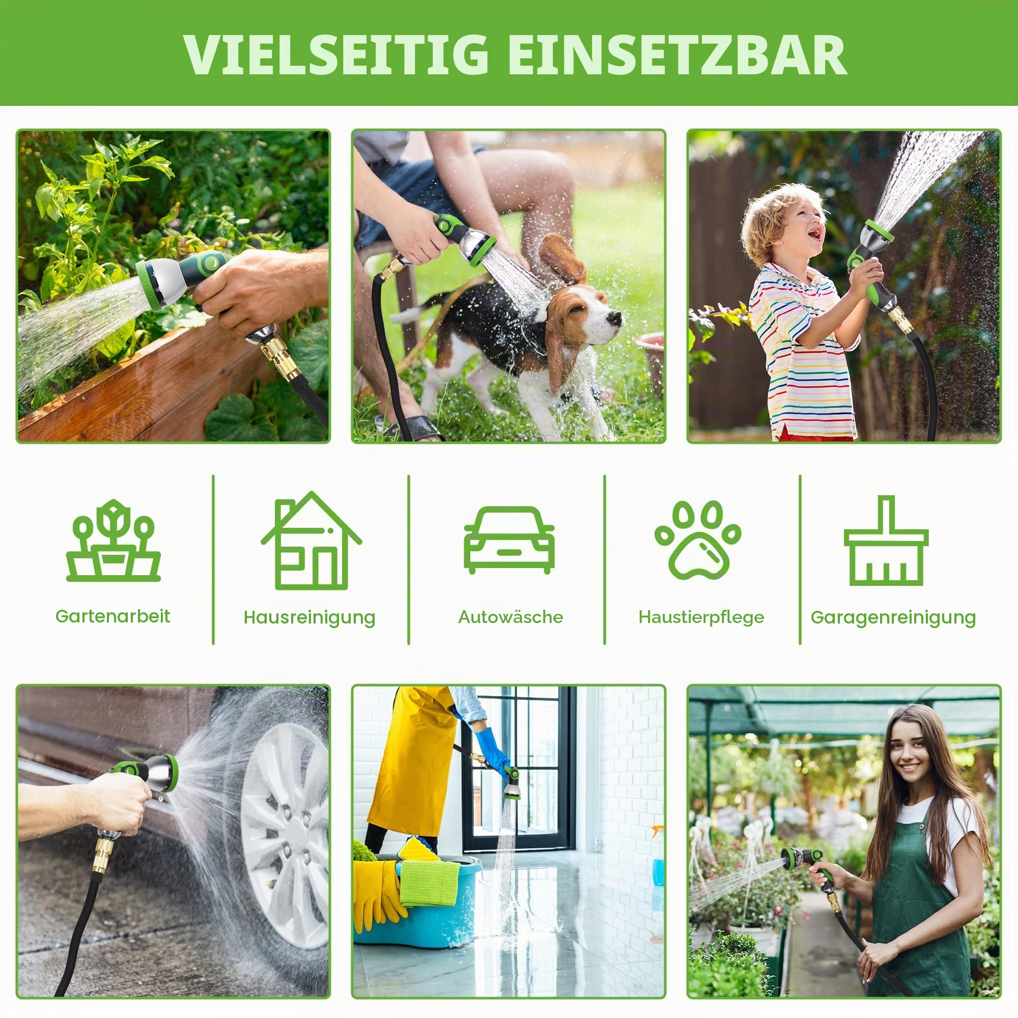 flexibler Gartenschlauch, ausdehnbarer Wasserschlauch mit 10 Sprühmuster-Düsen und massiven Messinganschlüssen, Gewebe 3750D, Strapazierfähiger Gartenschlauch mit 4-lagigem Latexkern-15m/50ft