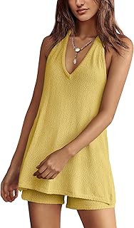 Womens Summer Two Piece Sets Beach Vacation Outfits Halter Neck Tank Top and Shorts Set Knit Lounge Clothes