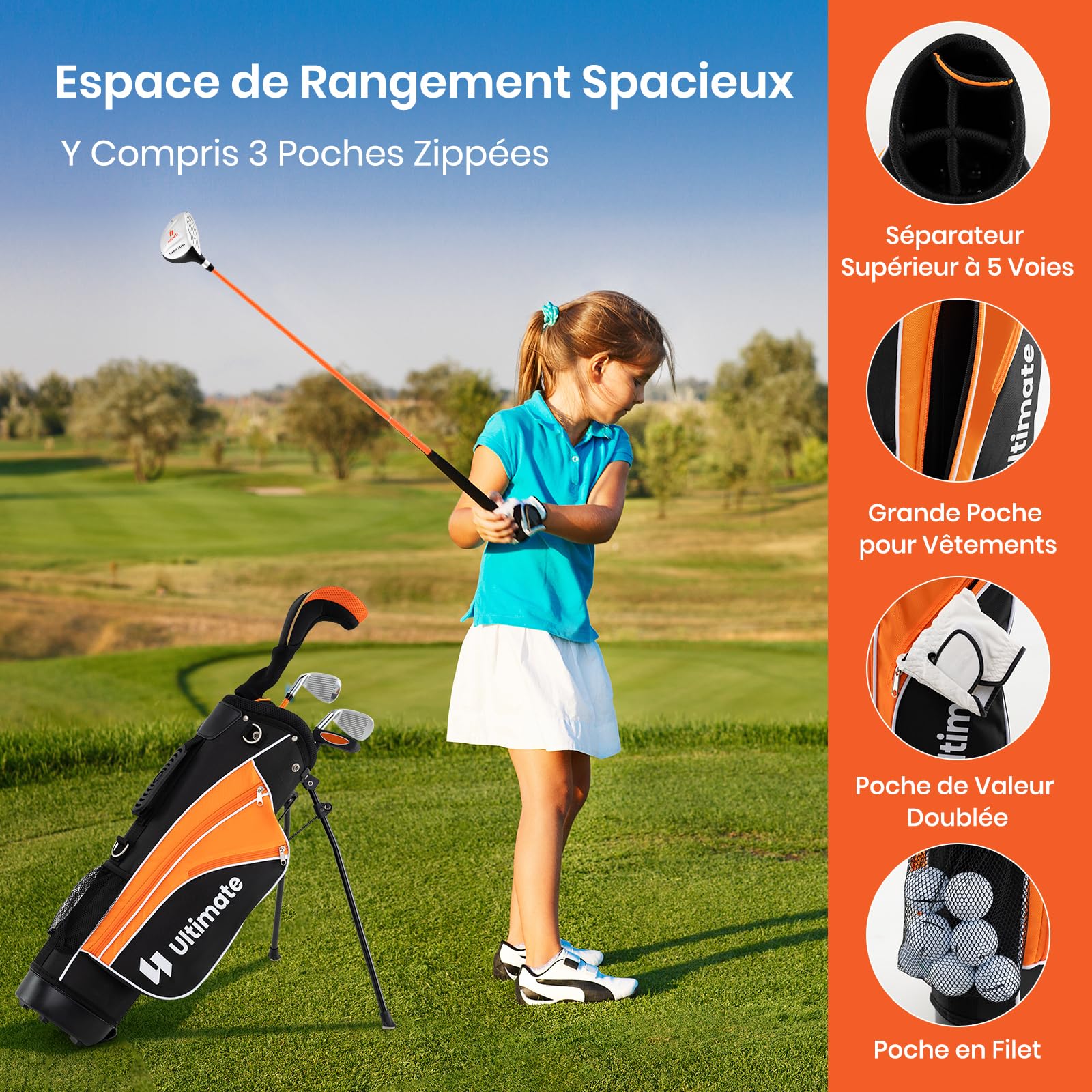 GYMAX Ensemble Complet de Clubs de Golf pour Enfants, #3 Fairway, #7 & #9 Fers, Putter, Sac de Golf Trépied Housse Protecteur de Pluie, Couvre-tête, pour Droitiers Juniors 8-10 Ans