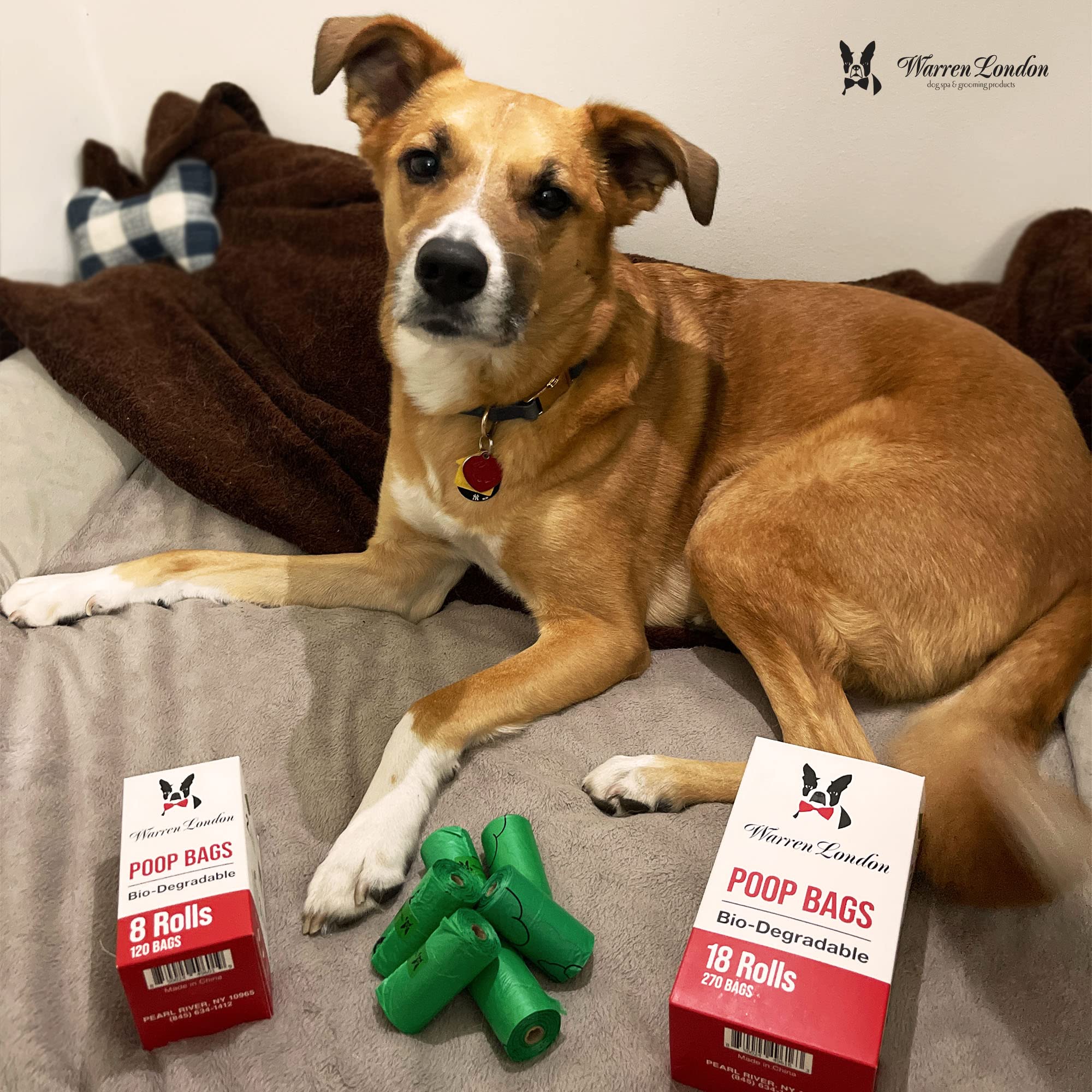 Warren London Bolsas de caca para perros y mascotas, bolsas biodegradables para caca de perro para limpiar residuos de mascotas | Caja de 8 rollos