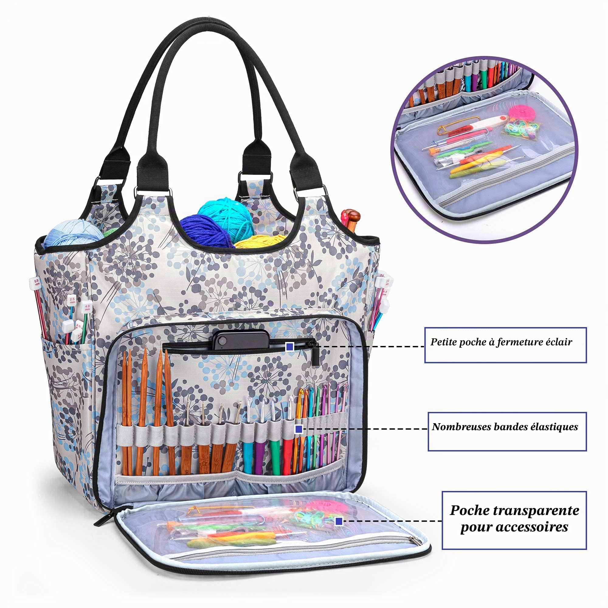 Yarwo Sac de Transport pour Aiguilles à Tricoter, Pelote et Fil de Laine - Rangement pour Accessoires de Tricot et Crochet, Pissenlit