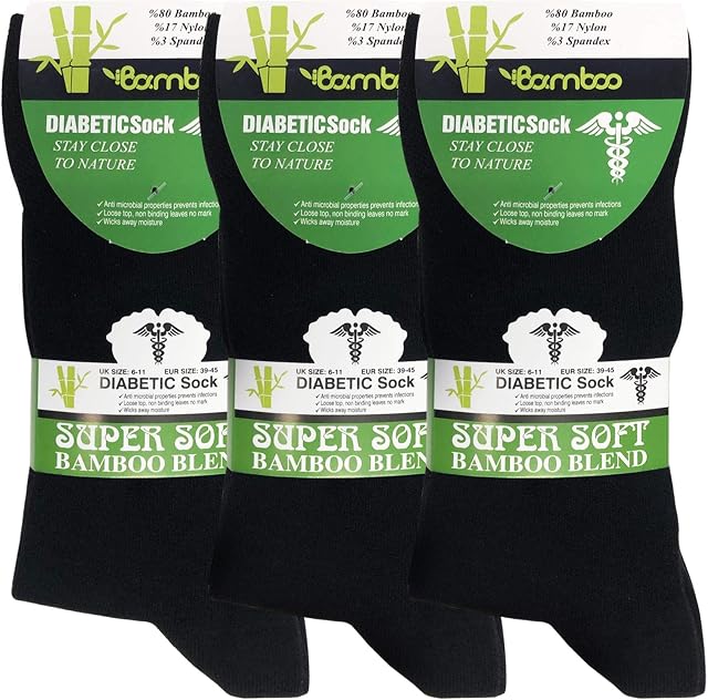 BRAND KRUZE 3 Pairs Mens Diabetic Bamboo Socks Extra Wide Fit Super Soft Loose Top Black Sock Size UK6-11