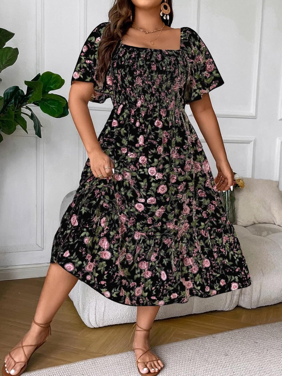 Floerns Women's Plus Size Floral Print Tie Front Square Neck Slit Hem Midi Dress - Image 5