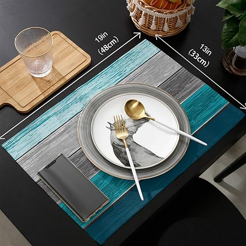 Vista 54 de Vandarllin Juego de 6 manteles individuales retro con textura de madera rústica de poliéster, resistentes a las manchas, manteles individuales Rayas