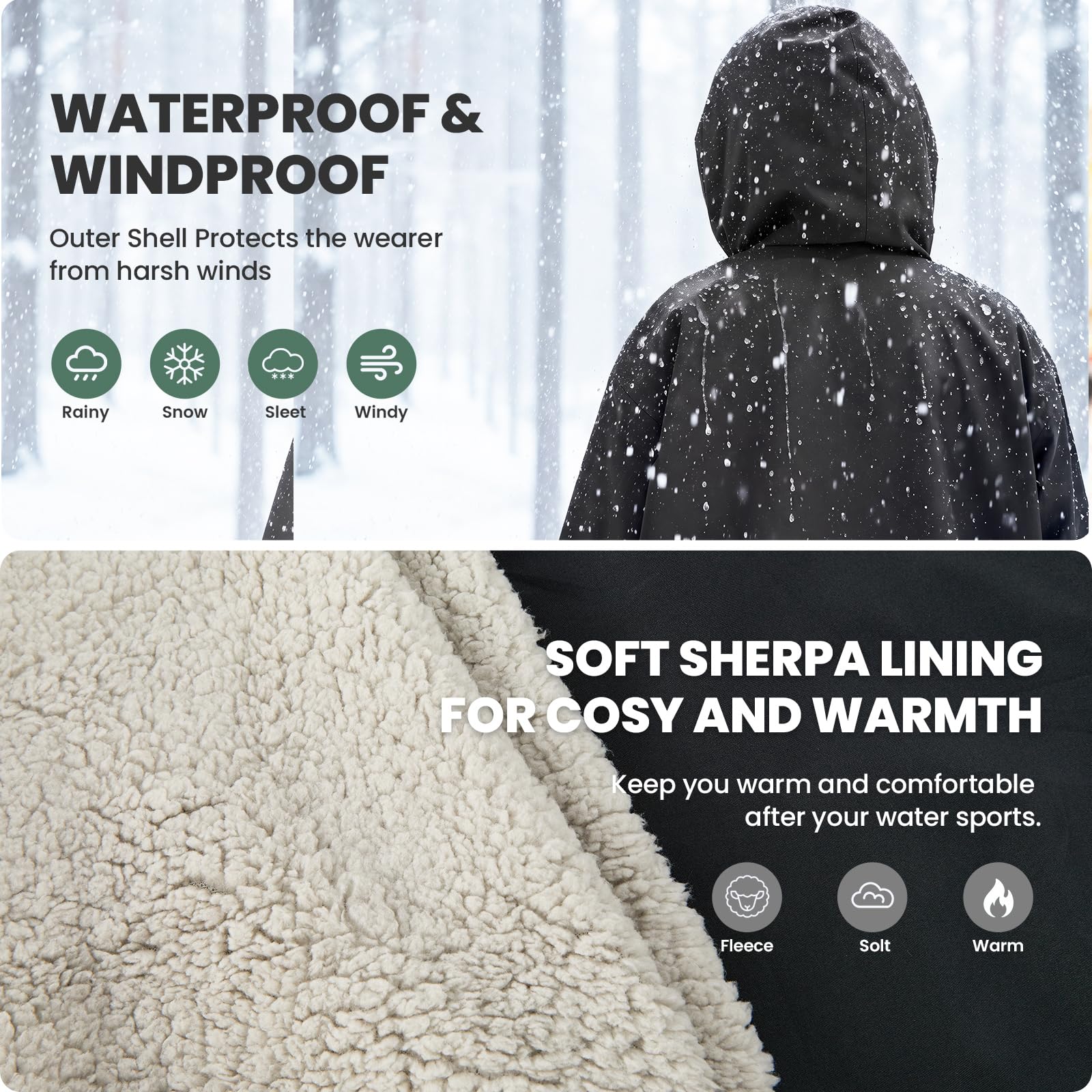 Wasserdichter Badeparka für Kinder, Jugendliche und Erwachsene, übergroßer Kapuzenmantel mit Sherpa-Fleece-Futter, winddicht, warm, Surf-Poncho zum Schwimmen, Surfen, Strand, Pool, Camping