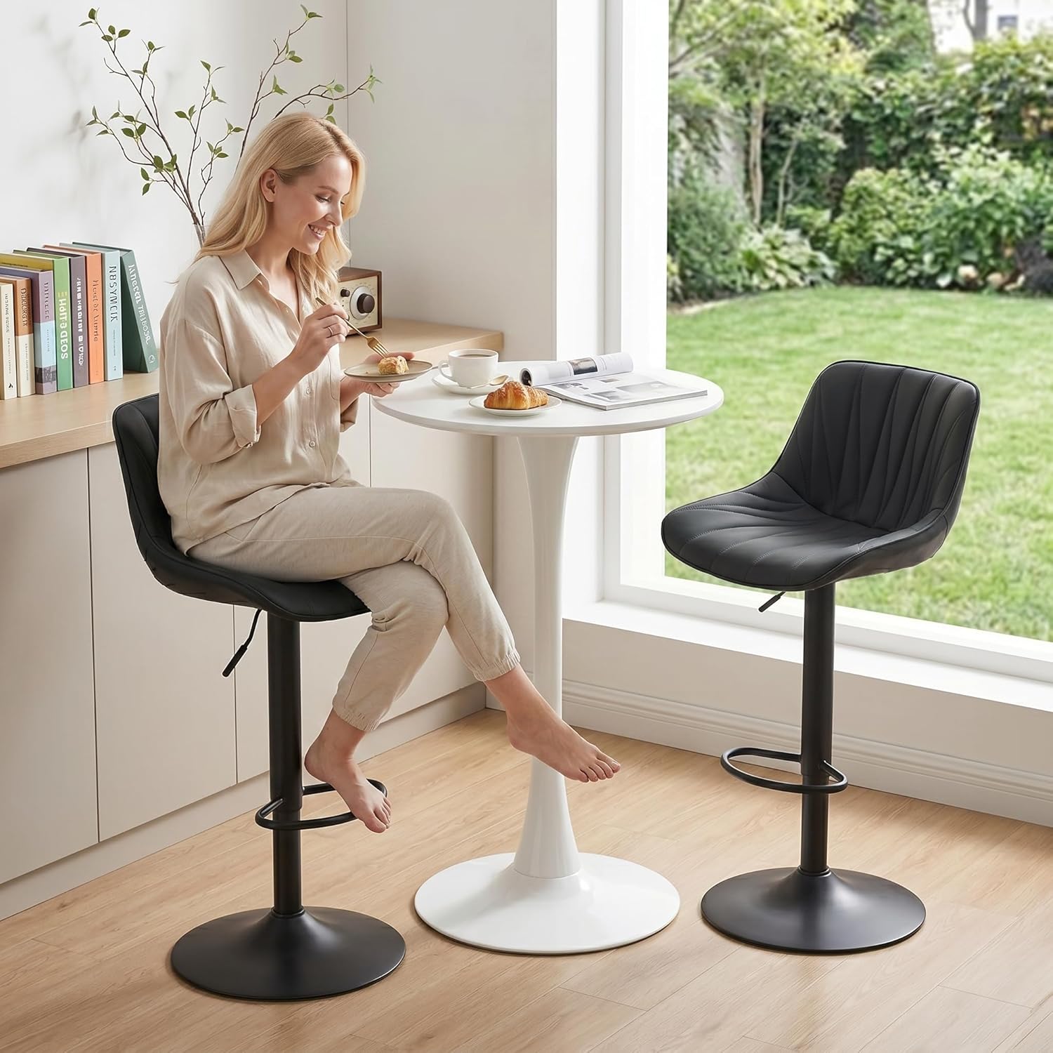 Rowill Bar Stools Set of 2 Black Adjustable Swivel Counter Height Barstools PU Leather Pub Chairs Upholstered Modern Kitchen Island Stools with Back Footrest