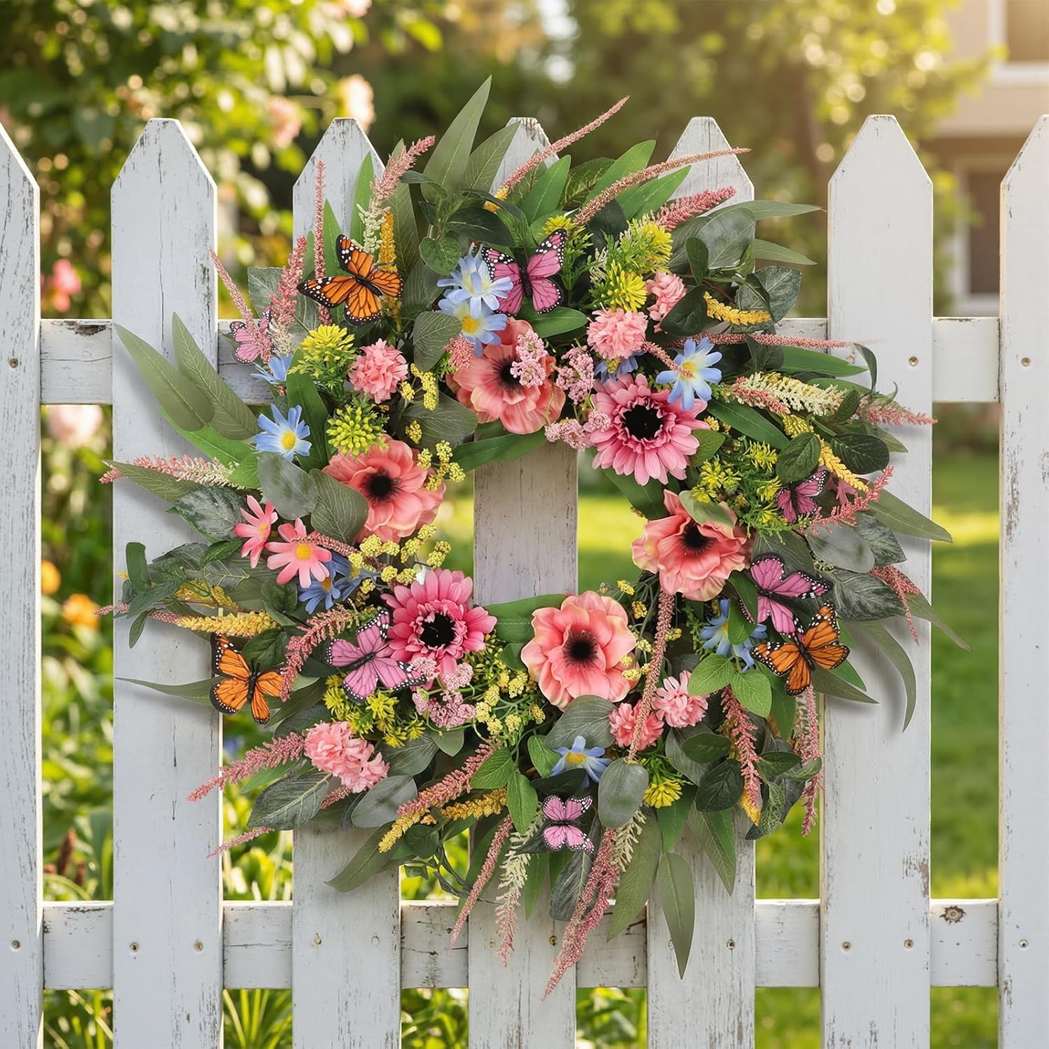 24 Inch Spring Wreath for Front Door Handcrafted Wreath Adorned with Eucalyptus Leaves Pink Blooms Butterfly, Year Round Wall Window Porch Home Farmhouse St Patricks Day Indoor Outdoor Decor