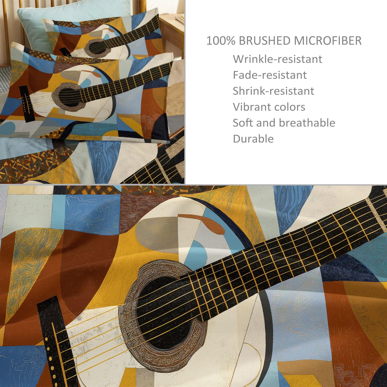 Poszwa na kołdrę dla chłopców i dziewczynek, miękka mikrofibra, 240 x 220 cm, dwustronna, abstrakcyjna, gitara, geometria, sztuka, 3-częściowy zestaw z 2 poszewkami na poduszki, do sypialni, dekoracja