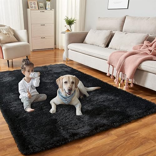 YQQRIGRO 5x7 Feet Rugs for Bedroom, Black Super Soft Shaggy Rugs Fluffy Carpets, Indoor Modern Plush Area Rugs for Living Room Dorm Kids Room, Fuzzy Non-Slip Rugs for Kids Boys Girls