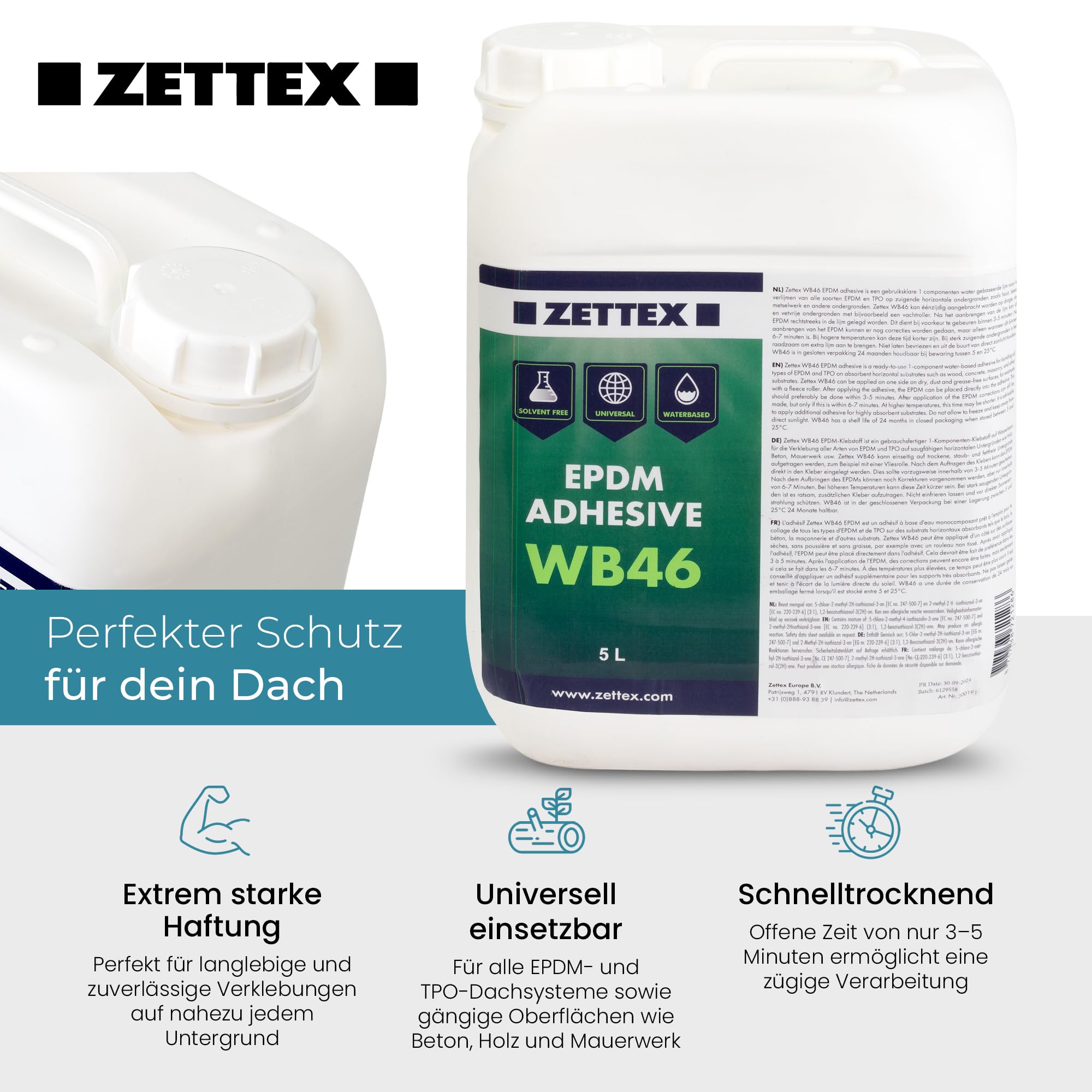 WB46 EPDM Kleber - 5 Liter für bis zu 30m² / Lösungsmittelfrei & wasserbasiert/EPDM Flächenkleber ideal für Holz & Beton Untergründe/EPDM Folienkleber