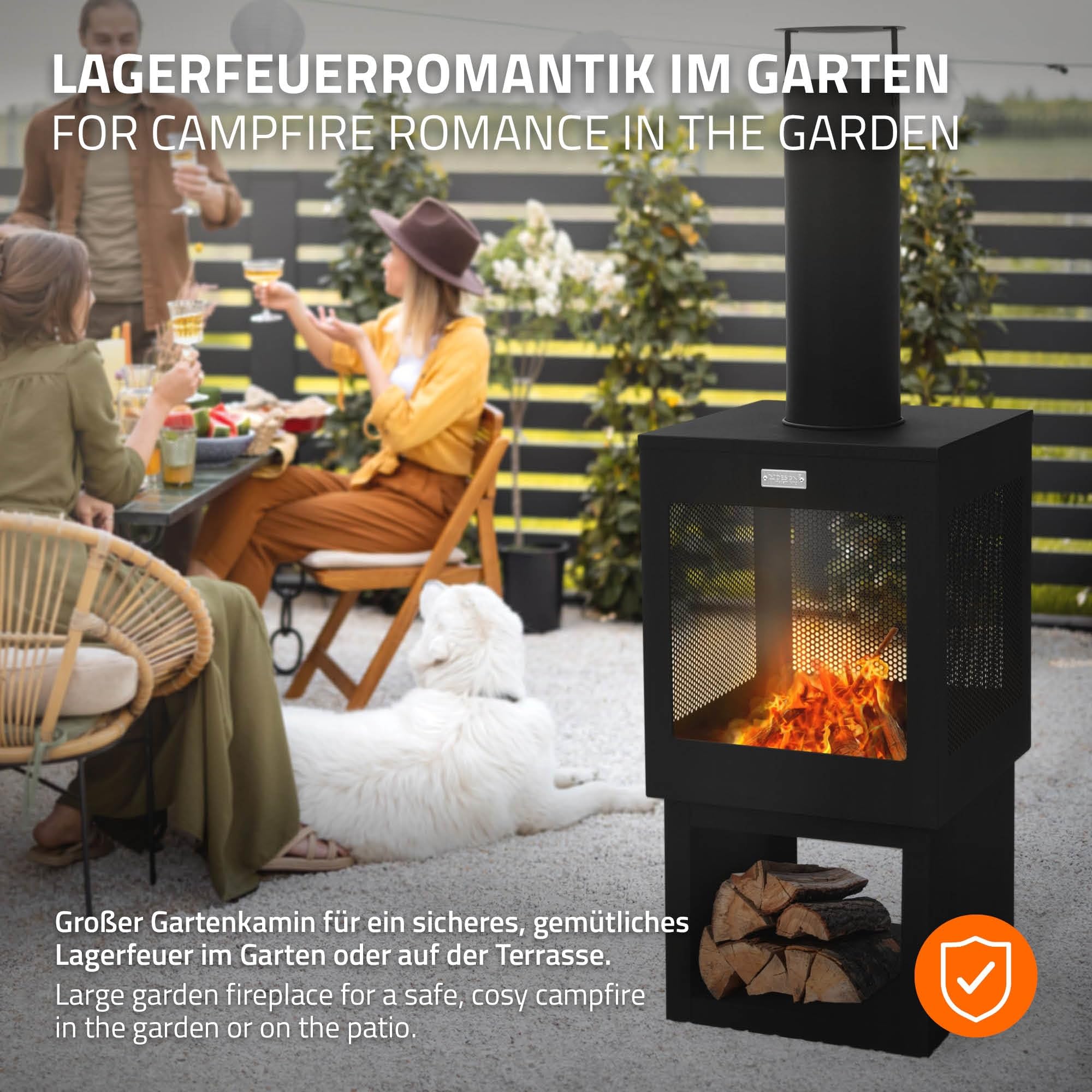 ML-Design Chimenea de Jardín 128 x 40 cm Cuadrada de Acero Negro, Estufa de Terraza para Exterior con Atizador, Techo Desmontable y Compartimento para Leña, Fogata Brasero Hoguera para Camping