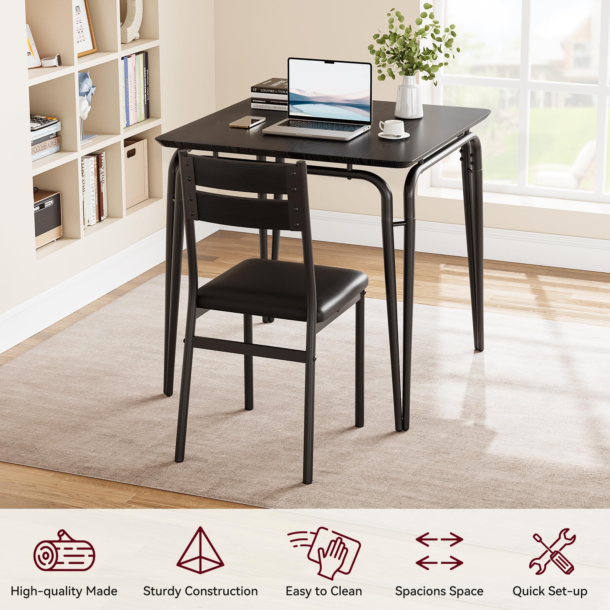GarveeHome Ensemble de salle à manger compact pour 2 personnes - Table carrée et 2 chaises tapissées pour petites cuisines et appartements - Plateau MDF résistant - Noir