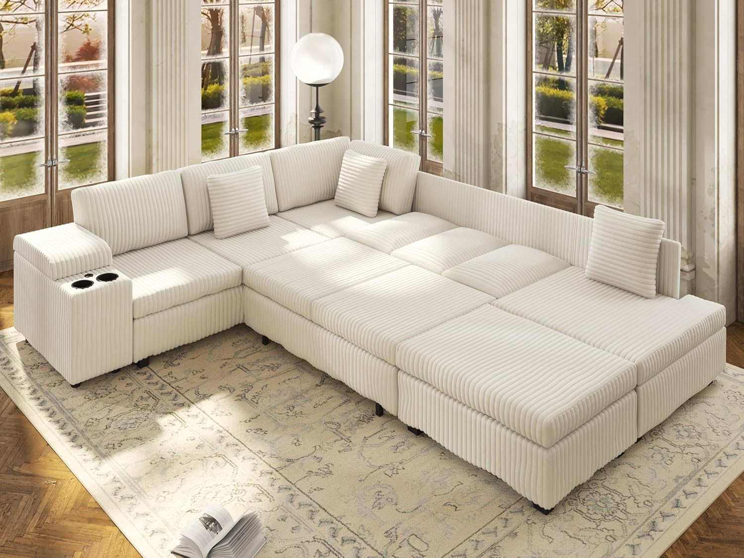 THSUPER Plush Corduroy L Shaped Sectional Sleeper Sofa with Pull Out Bed, Convertible Sectional Couches for Living Room with Ottoman and Arm Storage, Sofas with Cup Holders and Charge Port. Begie
