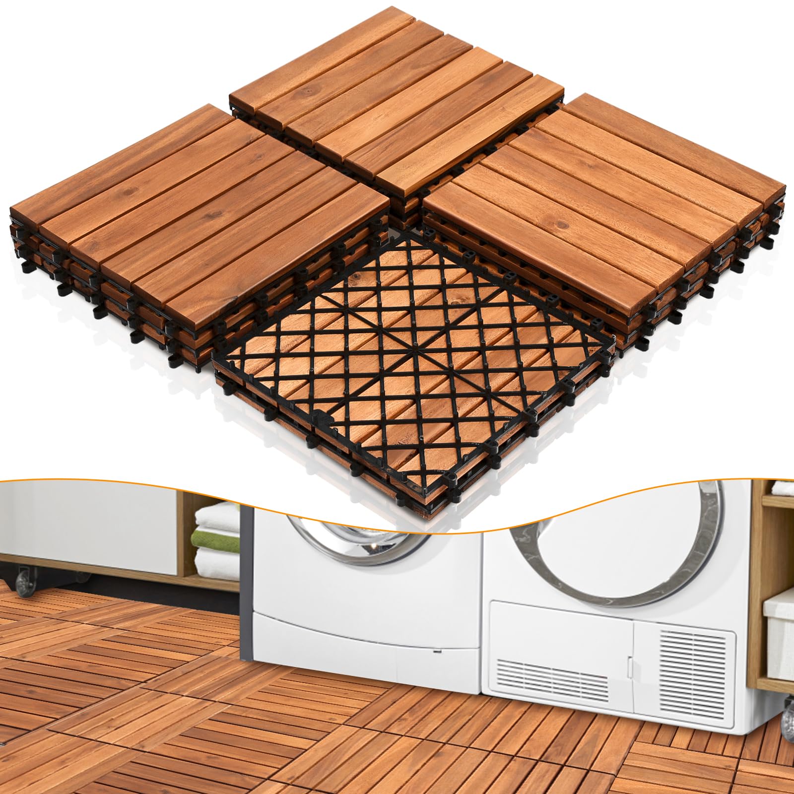 Daromigo 4m² Holzfliesen aus Akazien Holz, Terrassenfliesen Klickfliesen 30 x 30 cm, 6 Latten Garten-Fliese Balkonfliesen für Garten Terrasse Balkon Terrassen (44 Stück)