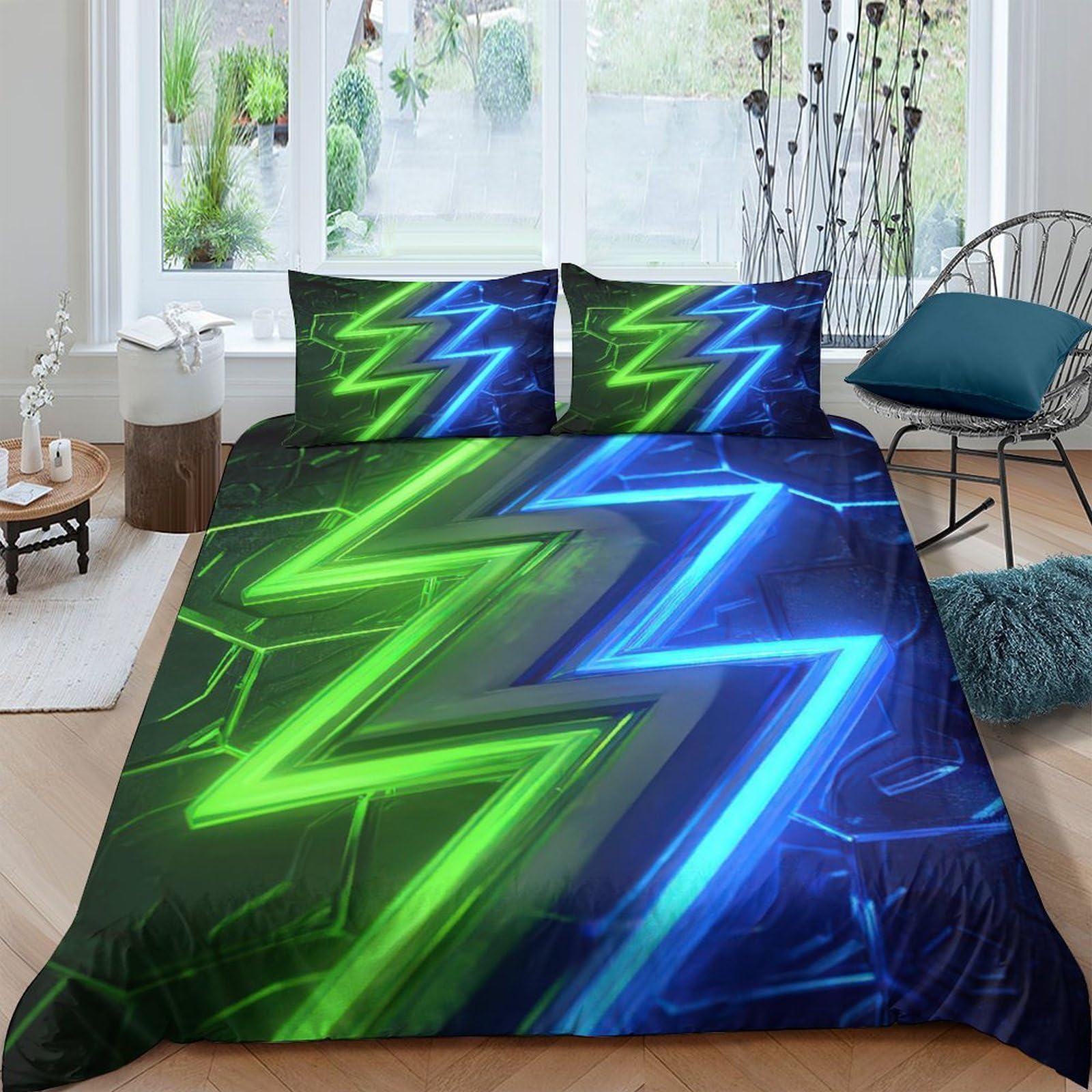 Ctjqhvkz Style-8 3D Printed Neon Lightning Fitted Sheet Microfiber Soft Surface Blue Green Mattress Cover For Bedroom Dorm Decor Single（135X200cm）
