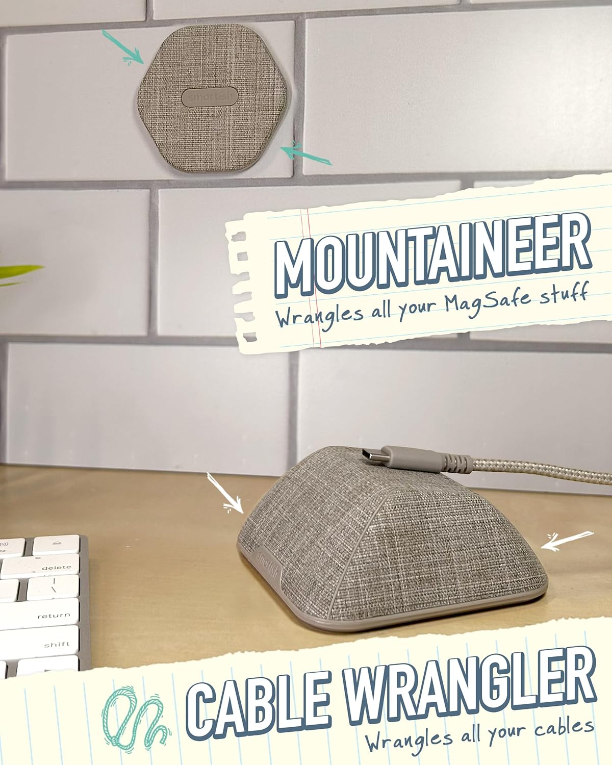 Smartish Cable Wrangler + MagSafe Mountaineer Wall Mount Bundle - Stick on Adhesive Phone Holder with Extra Strength Magnet for Apple MagSafe Accessories - Lightly Toasted Beige