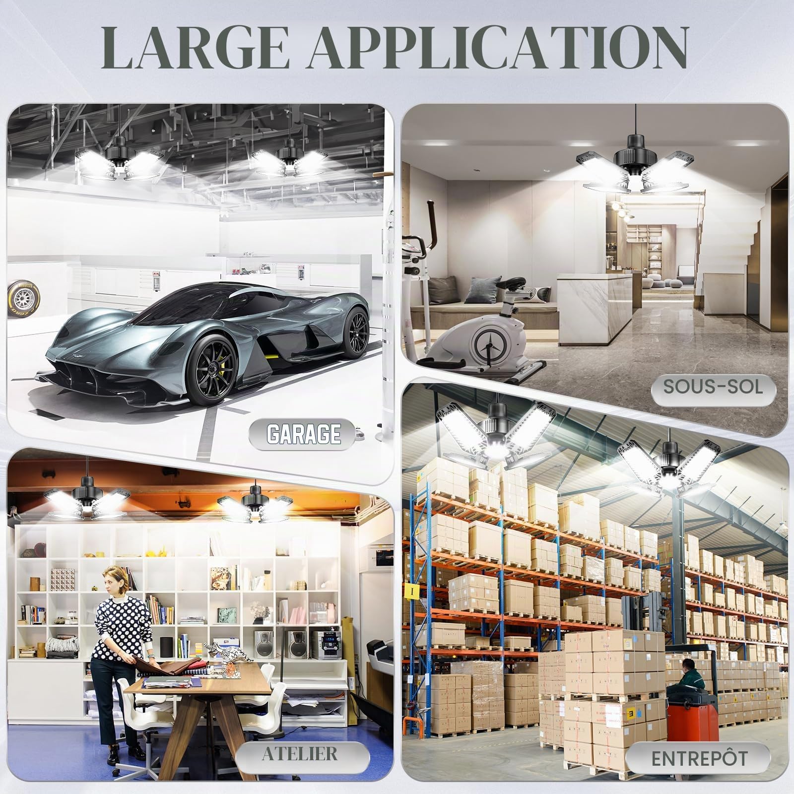Eclairage LED Garage 4 Pièces 20W, 2000LM Lampe Plafonnier LED Garage avec 4+1 Panneaux Déformables 6500K E26/E27 Éclairage Atelier/Cave, Sous-sol (Équivalent à 120 W
