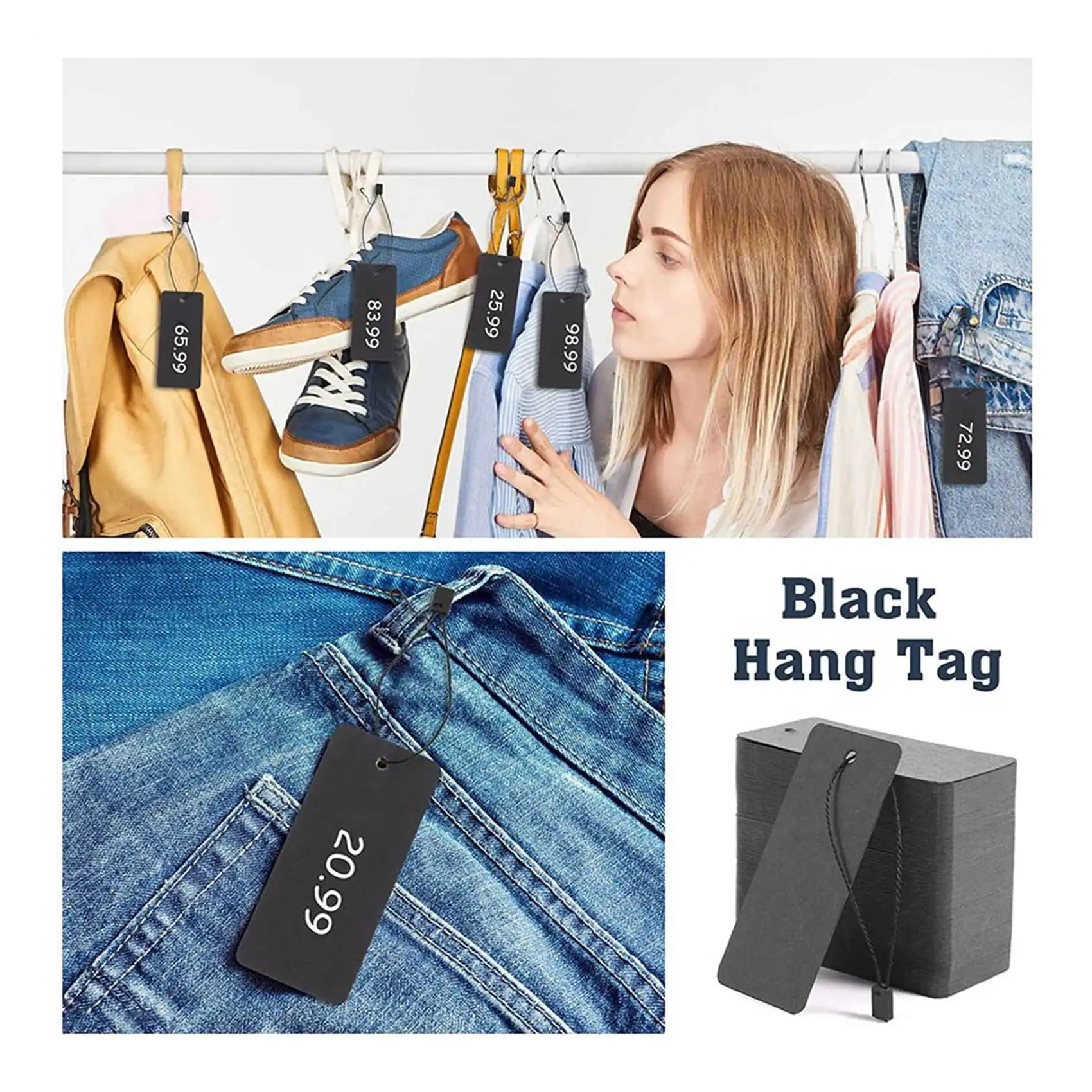 Lot de 1200 étiquettes de prix vierges noires avec ficelle - Étiquettes cadeaux avec épingles de sûreté - Étiquettes personnalisées en papier kraft noir