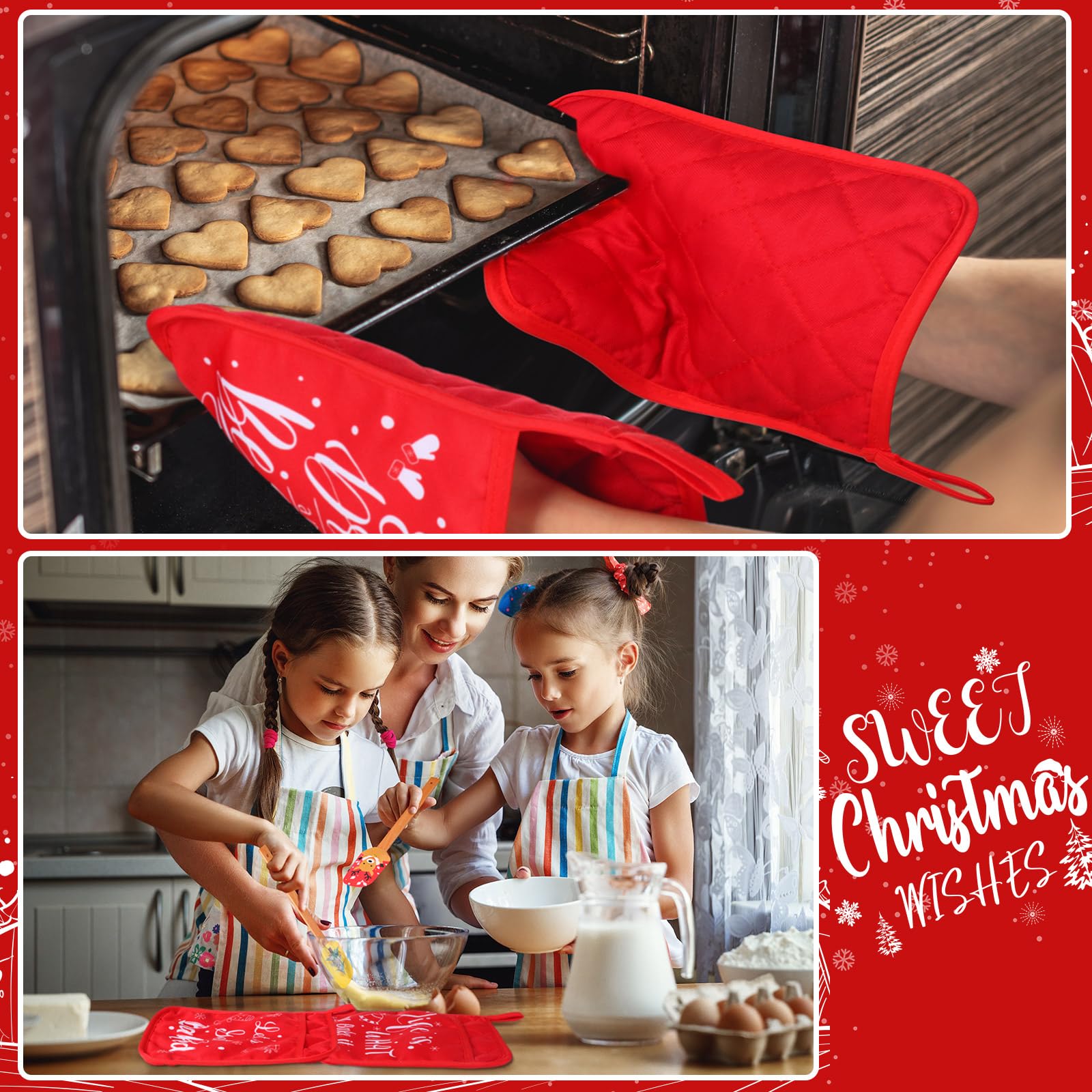 Yaomiao Weihnachtliche Topflappen mit Silikon-Spatel-Set, Silikon-Spatel-Set mit Holzgriffen, Topflappen für Küche, Weihnachten, Küchenutensilien, Weihnachtsbackgeschenke für Weihnachten (rot, 24