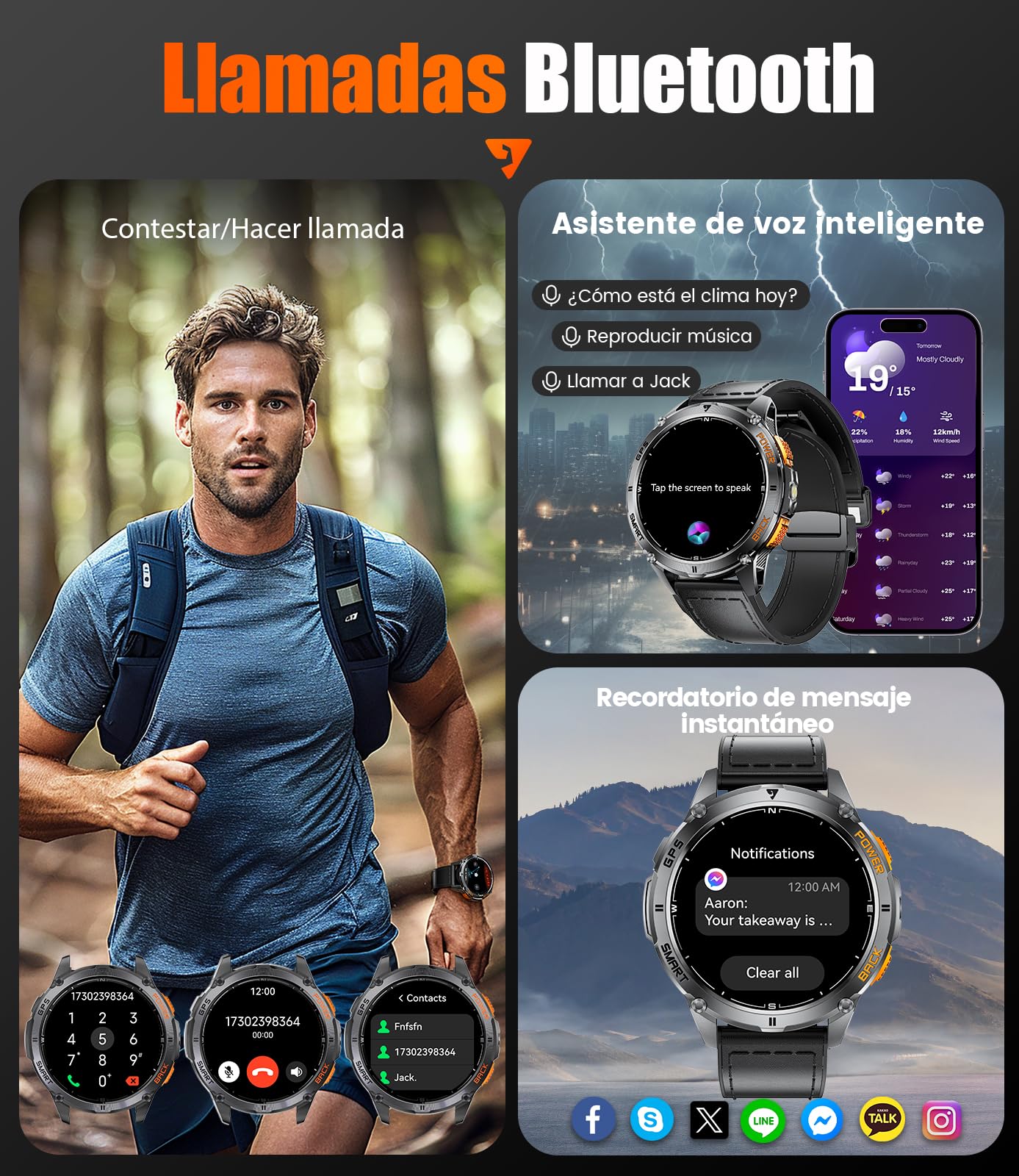 FOXBOX DM4 GPS Reloj Inteligente Hombre, 1.43" AMOLED Smartwatch con LED Linterna para Android iOS, 6 Localización por Satélite, IP68, Llamadas, 200+ Watch Face,170+ Deportes, Correa de Cuero Negro