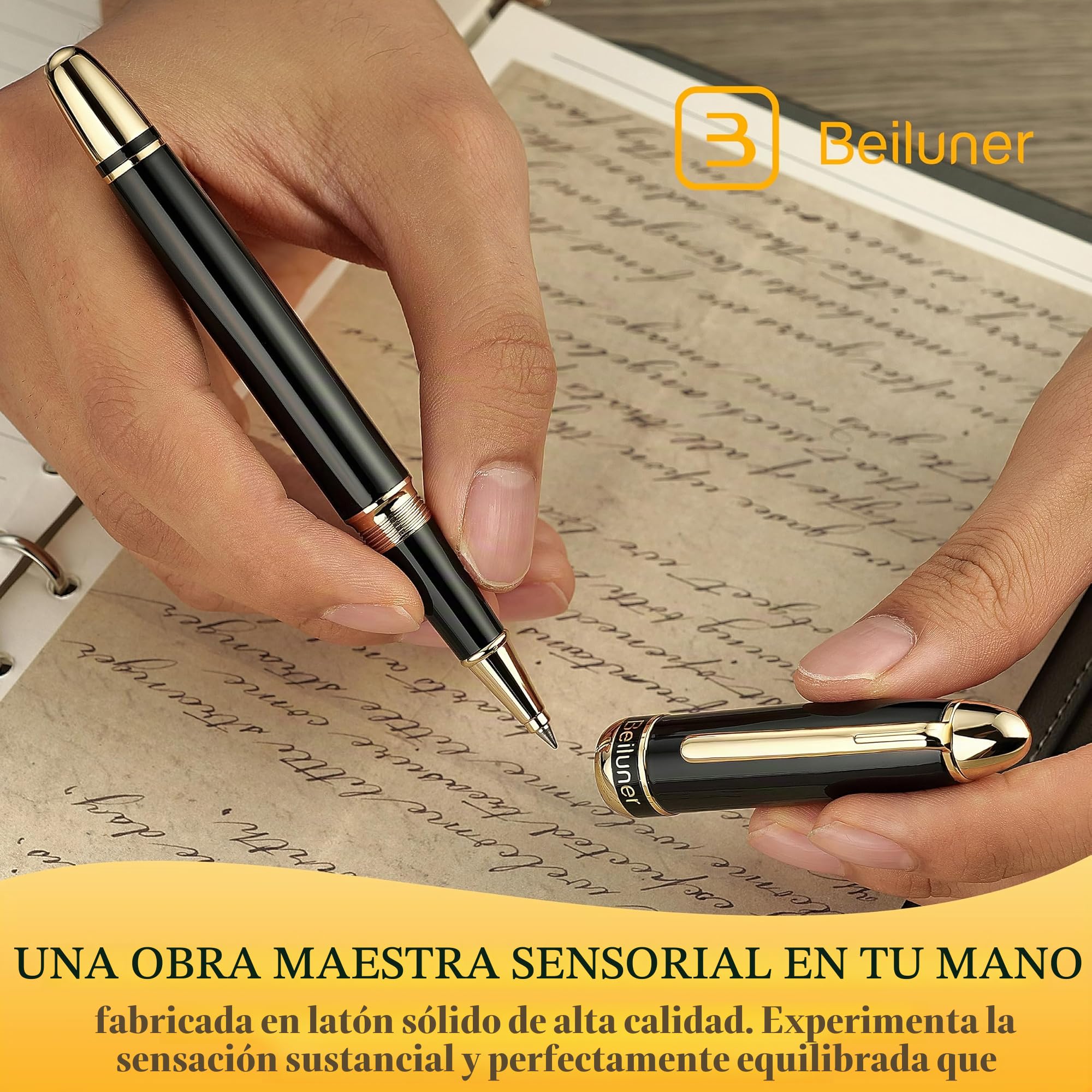 BEILUNER 315 Bolígrafo Roller de Lujo, Acabado en Oro 24K Premiun y Laca Piano Pulida, Set de Regalo Ejecutivo para Profesionales y Graduados, Estilográfica de Oficina Refinada - Negro y Oro