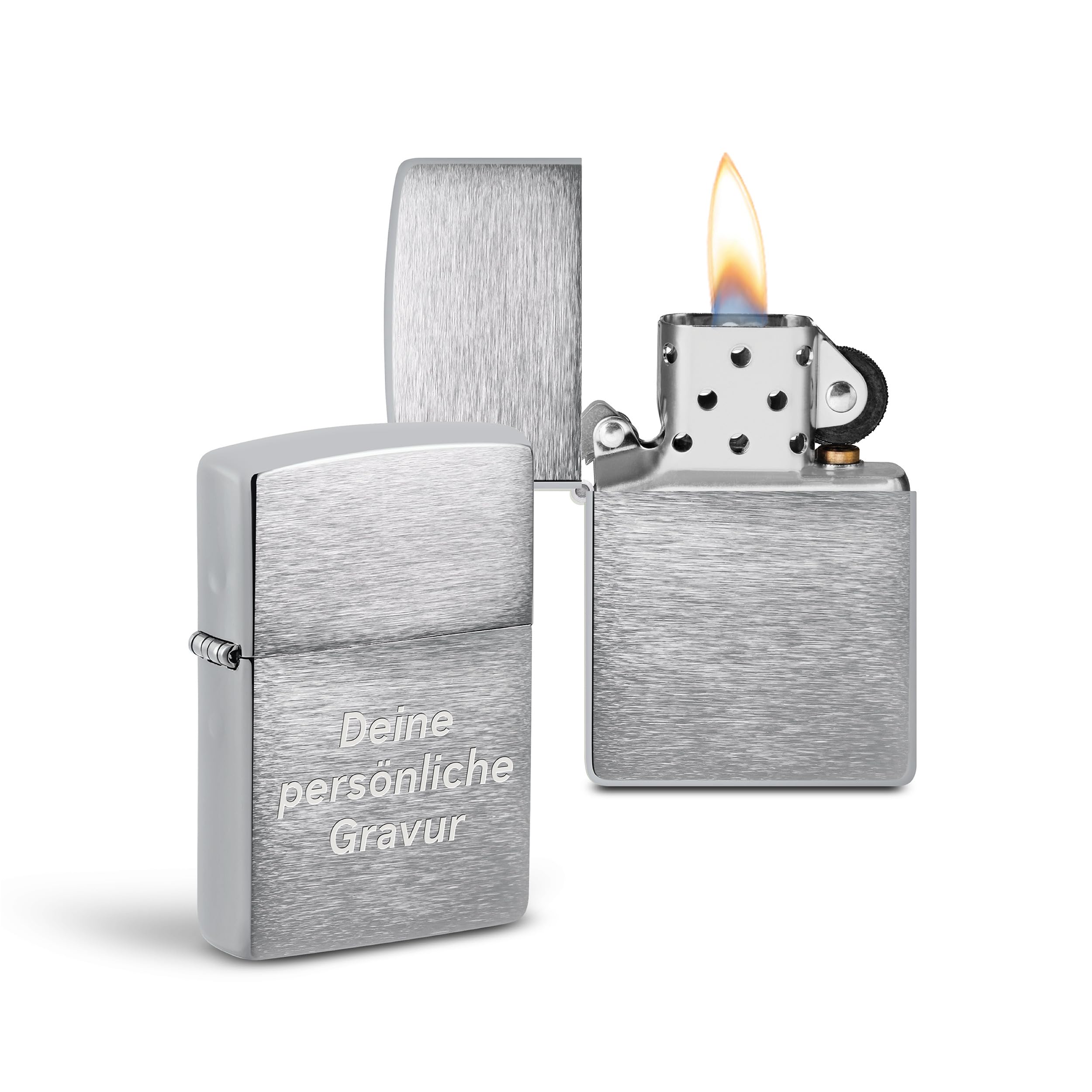 Zippo Sturmfeuerzeug mit Gravur – Brushed Chrome – Personalisiert mit Wunschtext – Nachfüllbar - Wiederverwendbar – Windfest